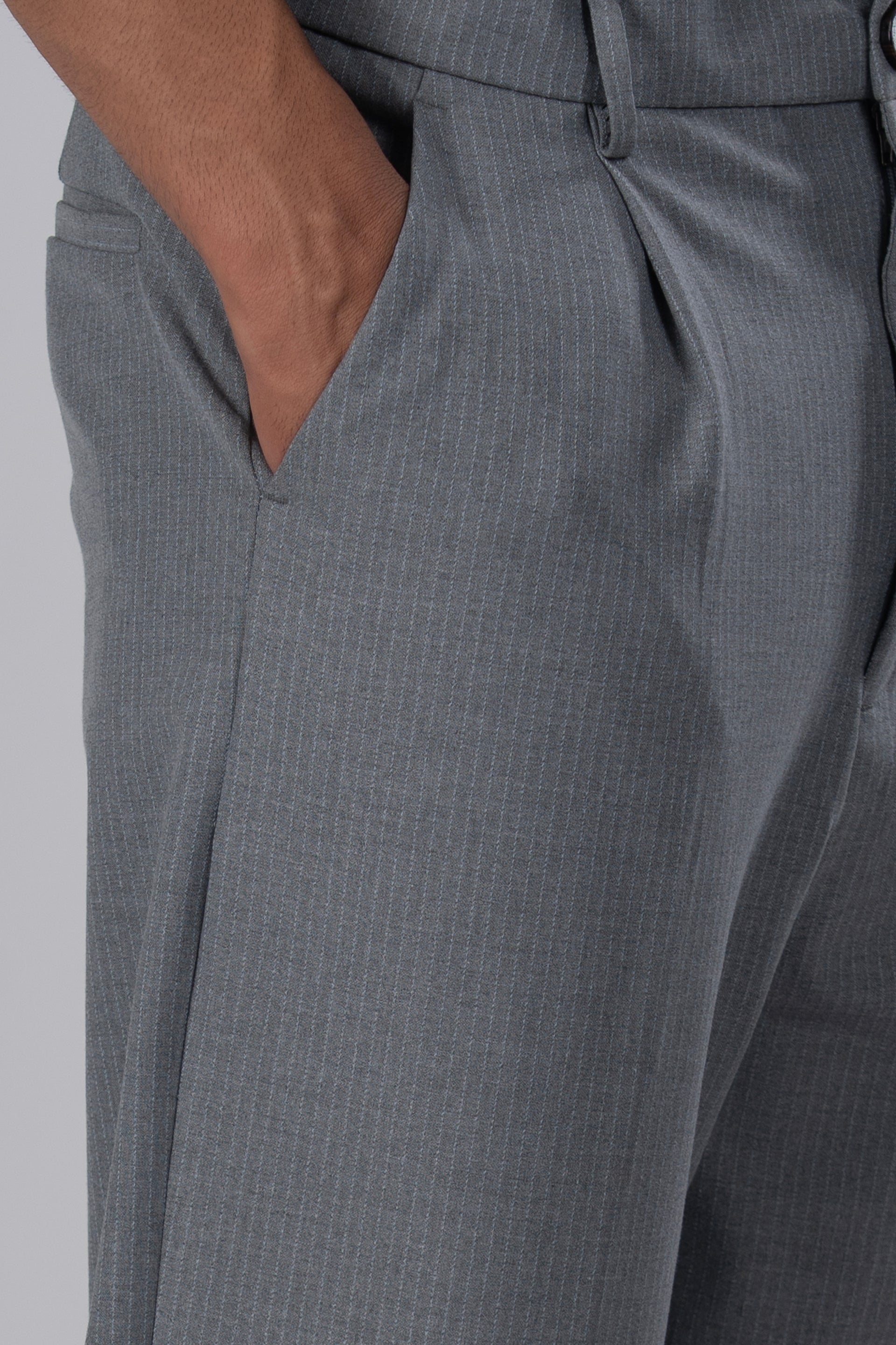 Easy Iron Pinstriped Relaxed Trousers In Grey