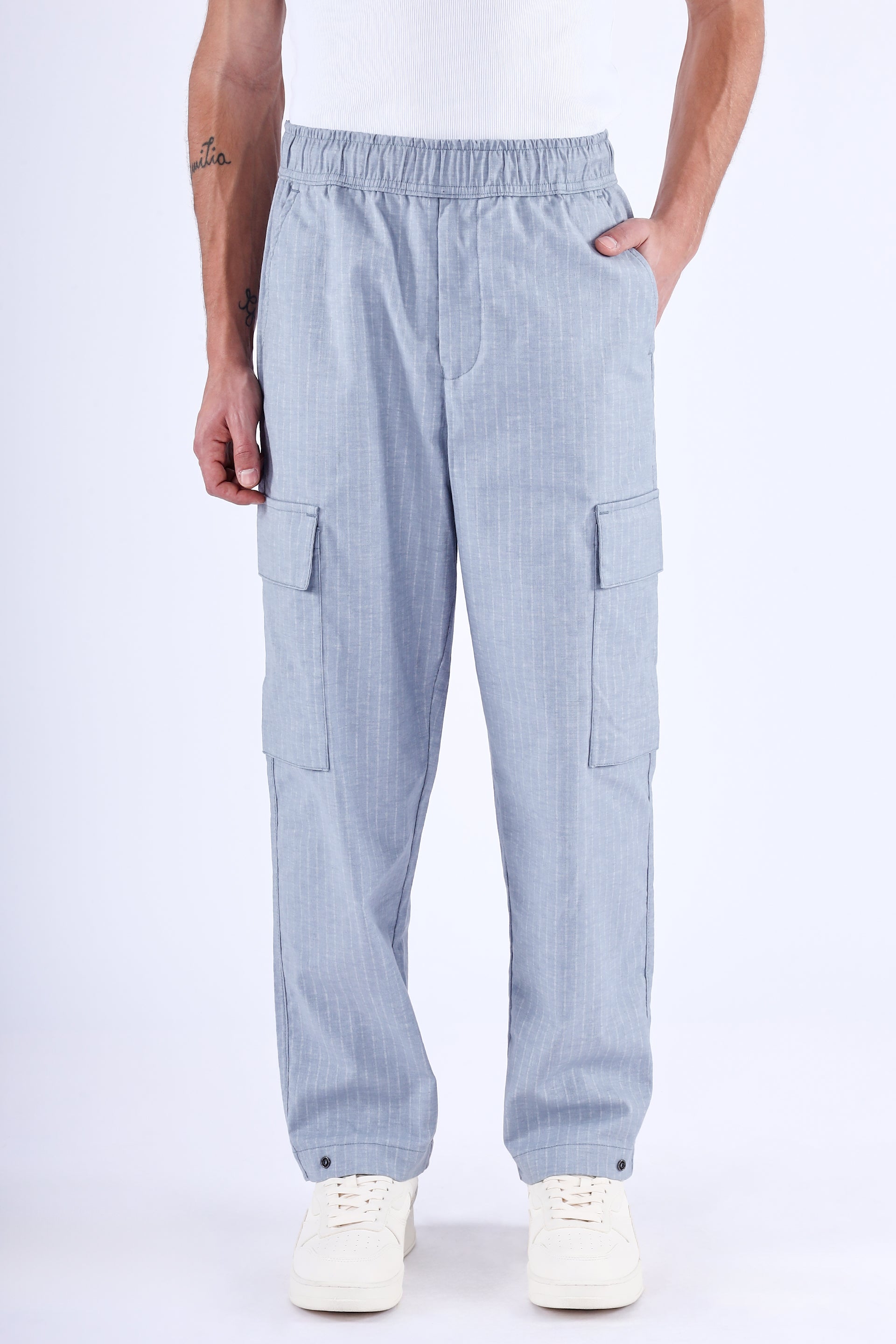 Men’s Air Striped Relaxed Cargo Pants in Light Blue – lightweight, breathable, relaxed fit with utility pockets | Tailoraedge