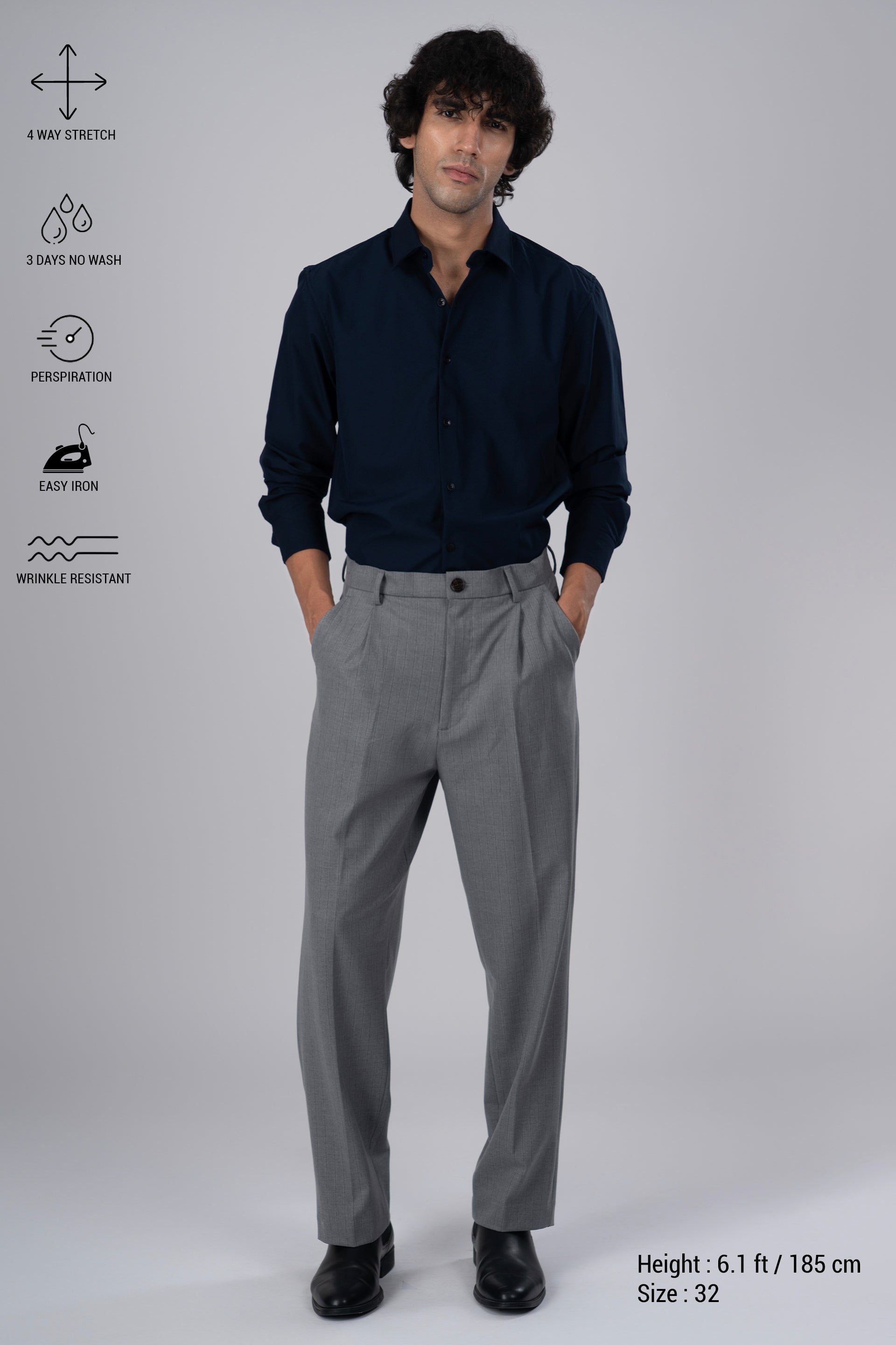 Easy Iron Striped Relaxed Trousers In Light Grey