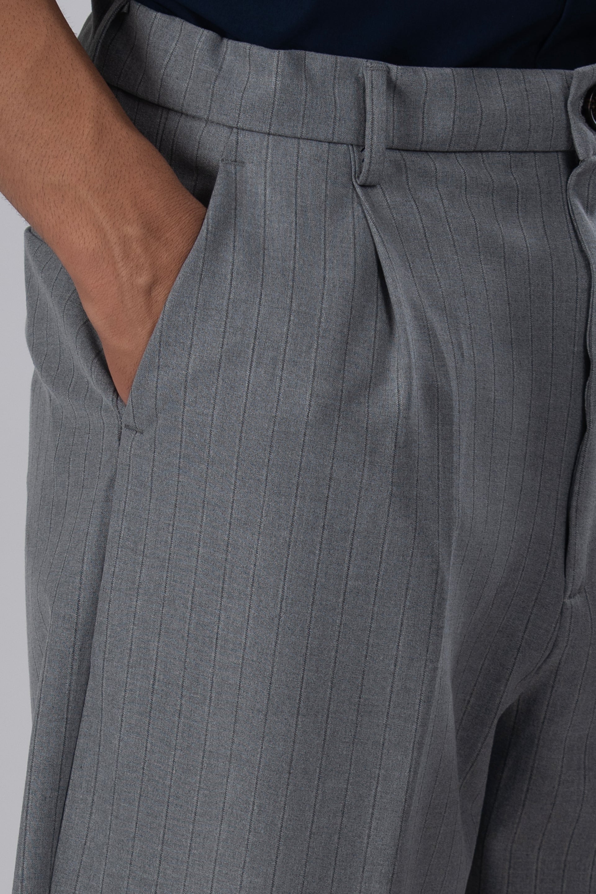Easy Iron Striped Relaxed Trousers In Light Grey