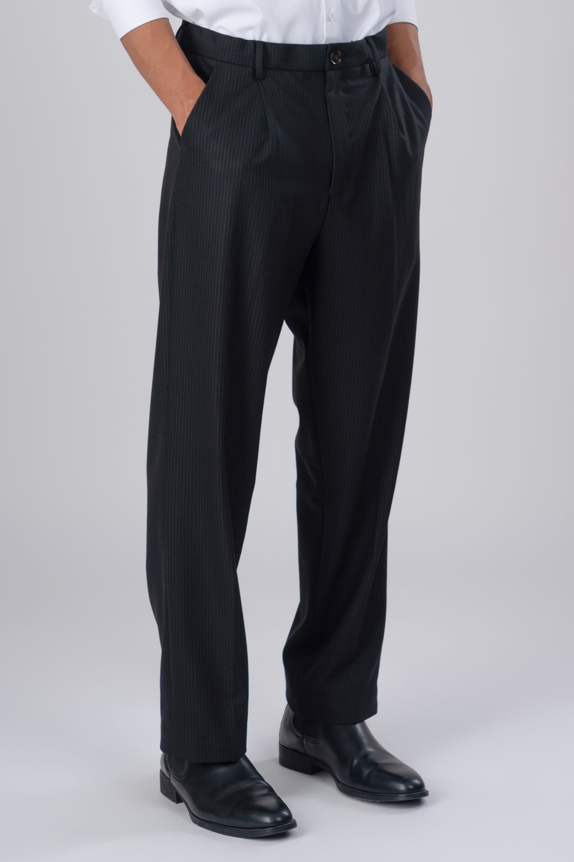 Easy Iron Pinstriped Relaxed Trousers In Black