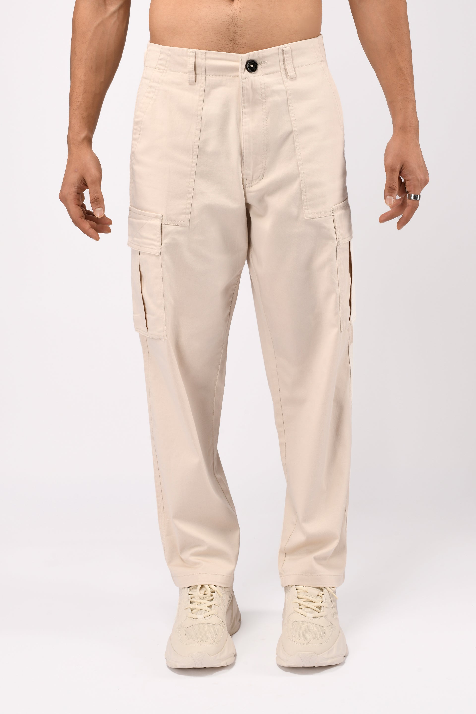 Men’s Carpenter Relaxed Cargo Pants in Cream – premium fabric, timeless relaxed silhouette, multiple pockets for everyday wear | Tailoraedge