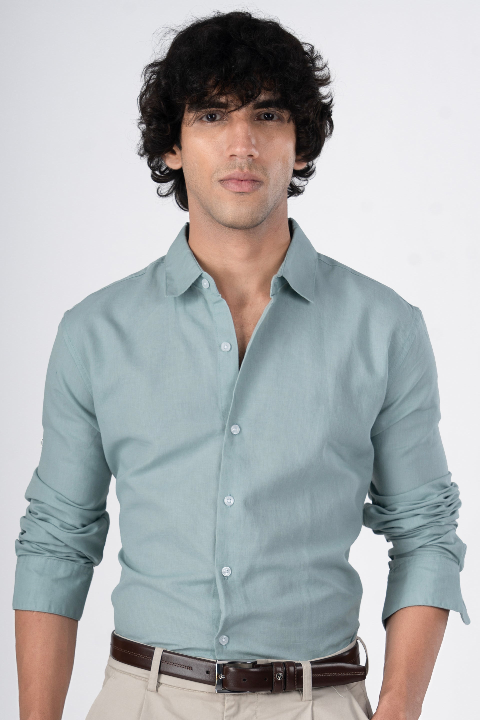 Tailoraedge Men's Classic Fused Linen Shirt In Green - airy linen texture, tailored fit, timeless casual wear. 