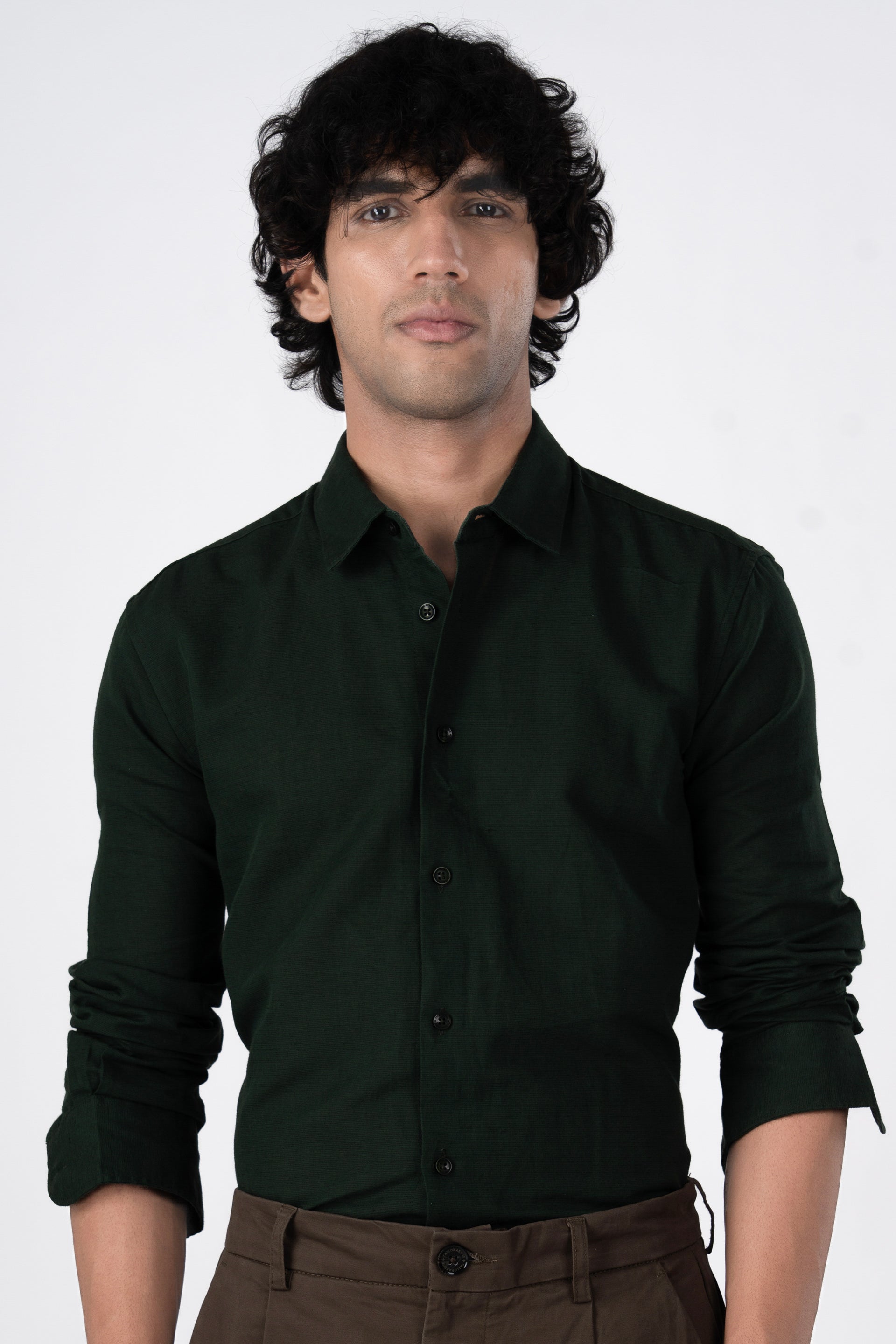 Tailoraedge Men’s Classic Fused Linen Shirt in Olive – breathable linen blend, tailored comfort, versatile styling.