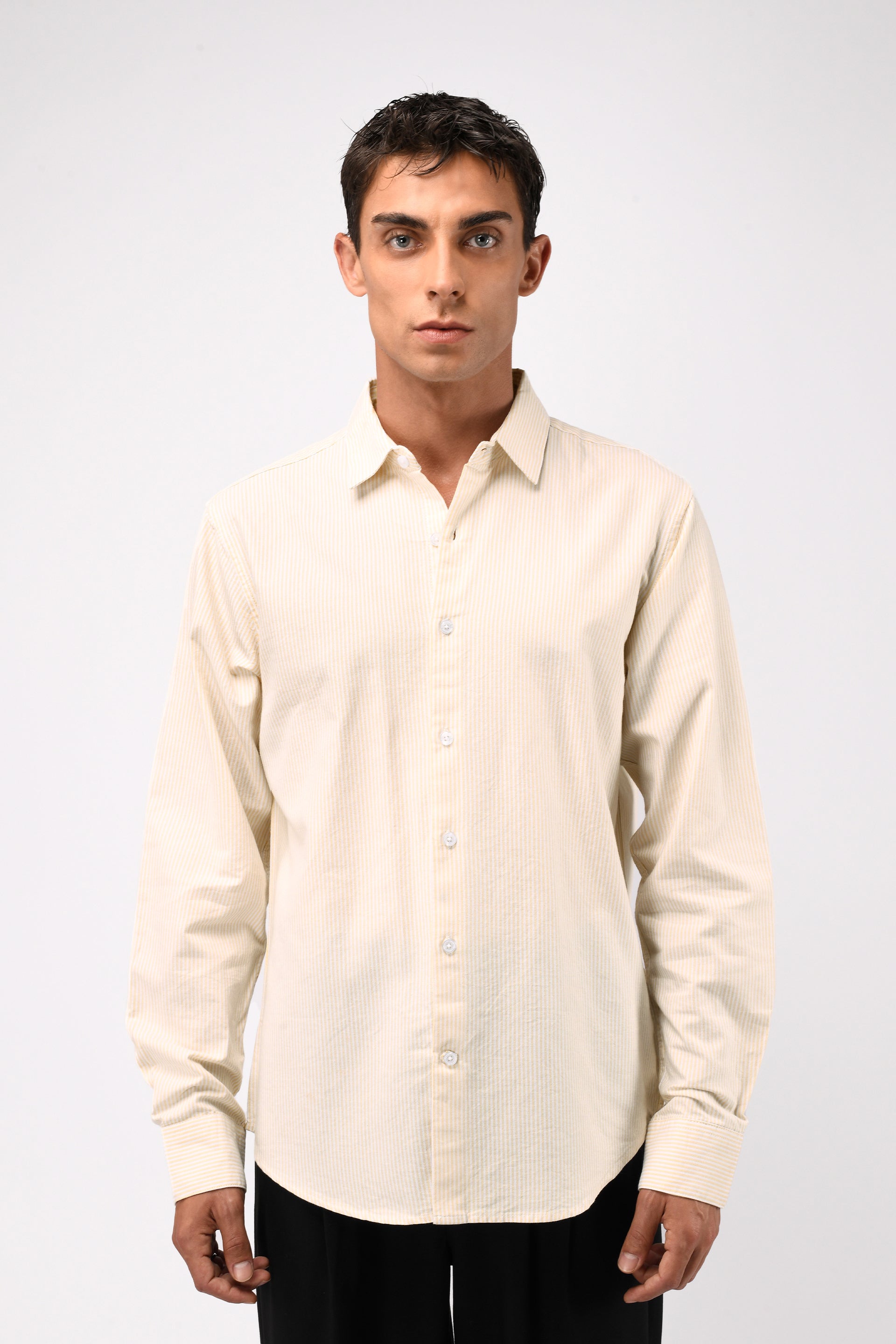 Men's Classic Oxford Stripe Shirt in Beige – breathable cotton, tailored fit, neutral everyday essential | Tailoraedge