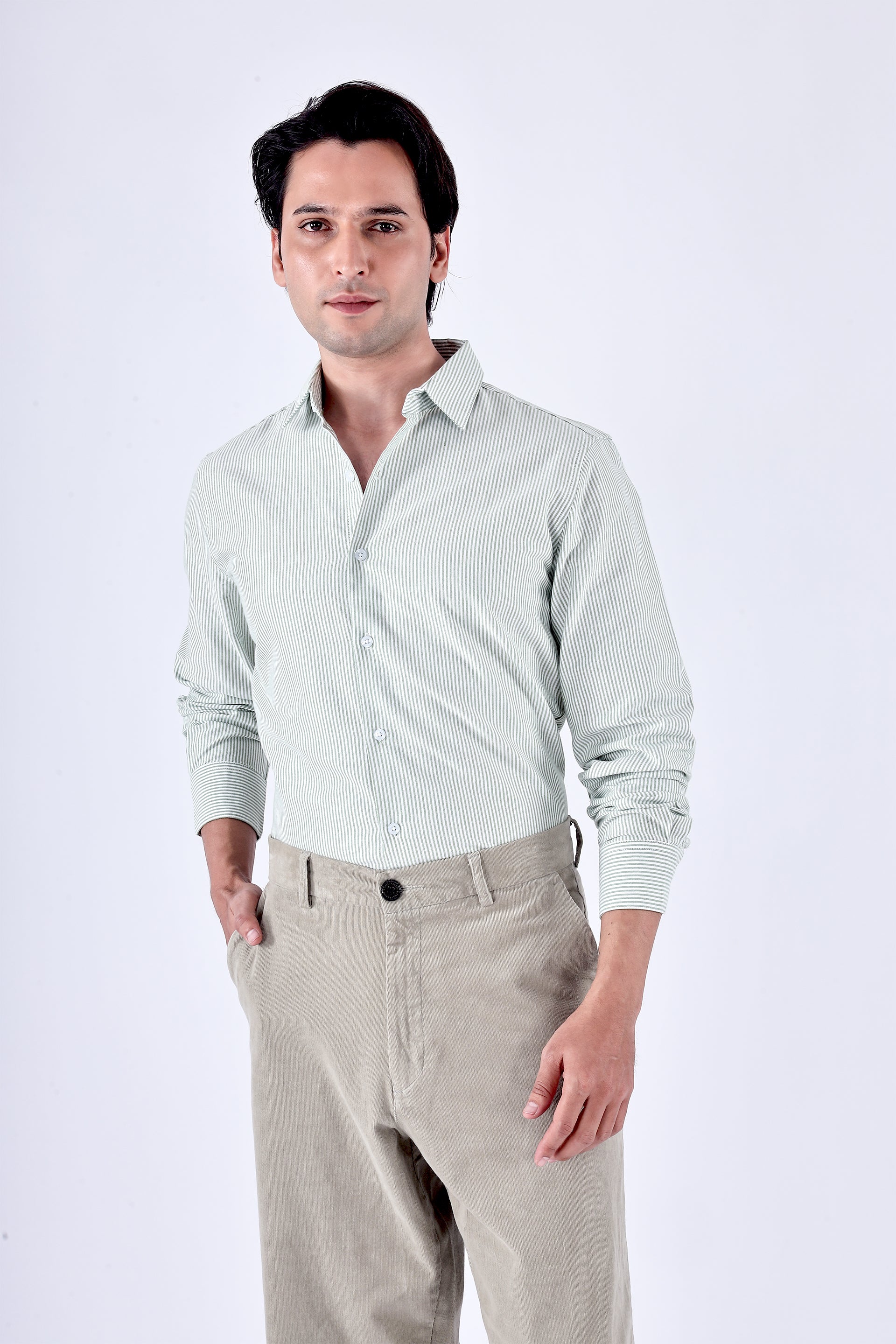 Men's Classic Oxford Stripe Shirt in Green – soft cotton fabric, tailored silhouette, refreshing color choice | Tailoraedge