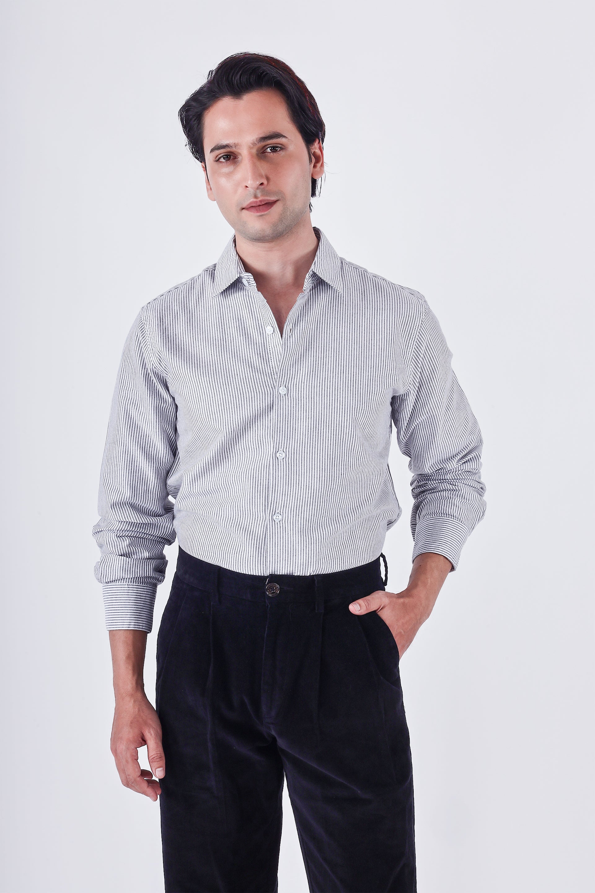 Men's Classic Oxford Stripe Shirt in Grey – breathable cotton, tailored fit, versatile wardrobe staple | Tailoraedge