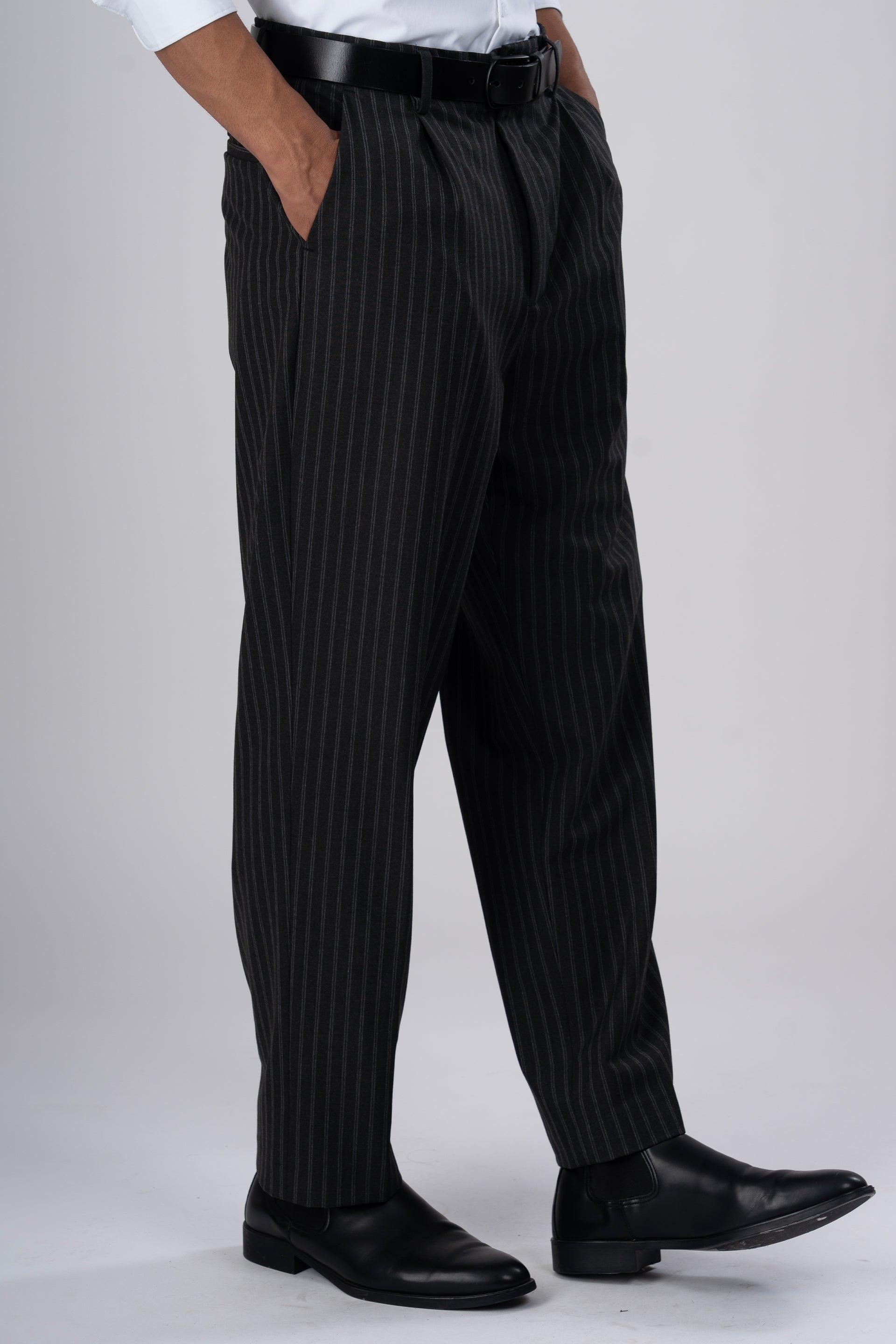 Easy Iron Striped Relaxed Trousers In Dark Grey