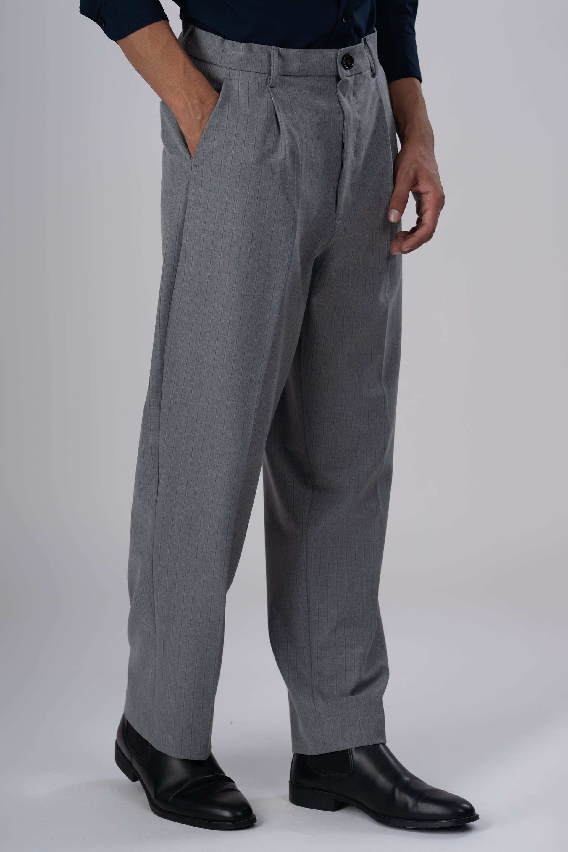 Easy Iron Striped Relaxed Trousers In Light Grey