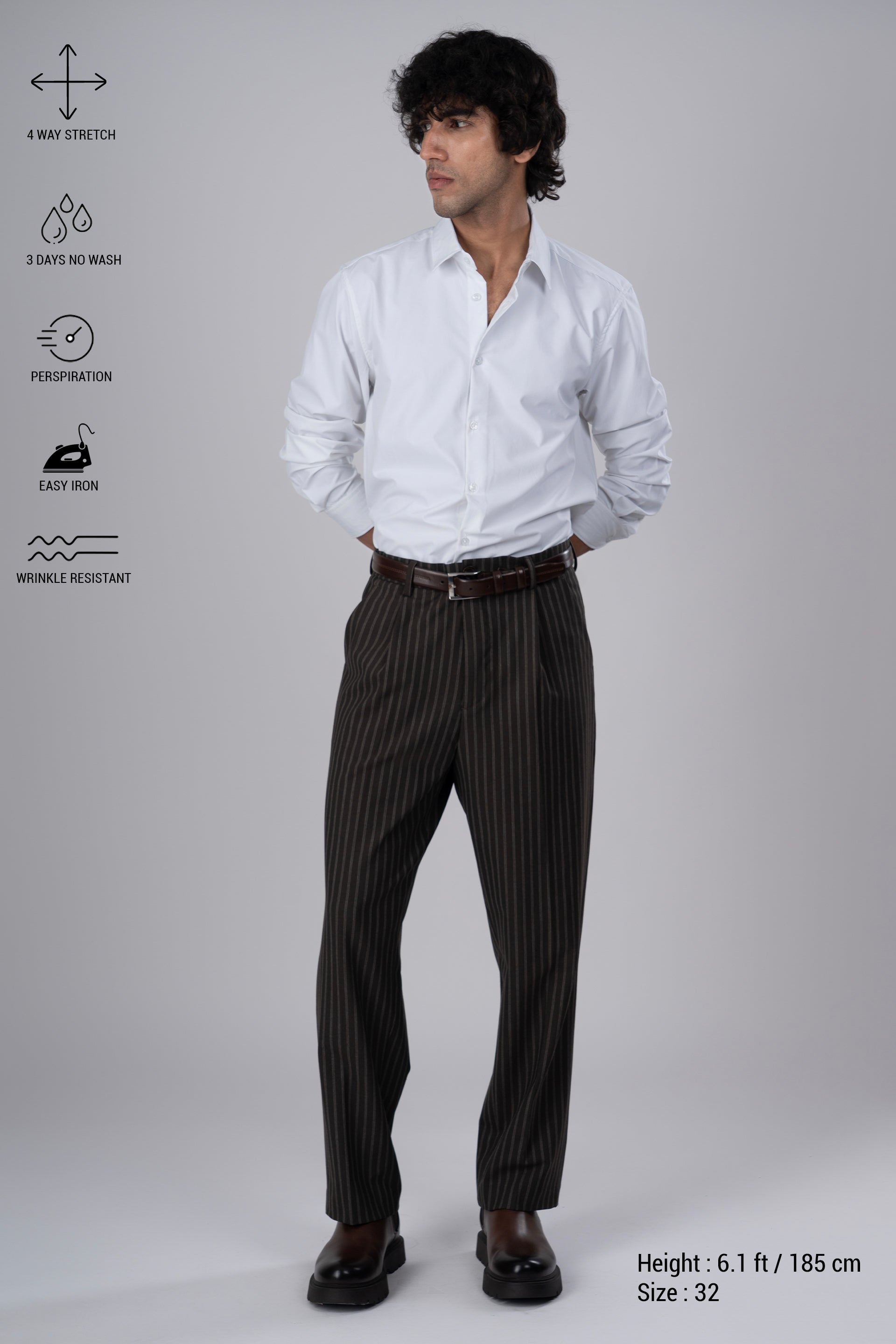 Easy Iron Striped Relaxed Trousers In Brown