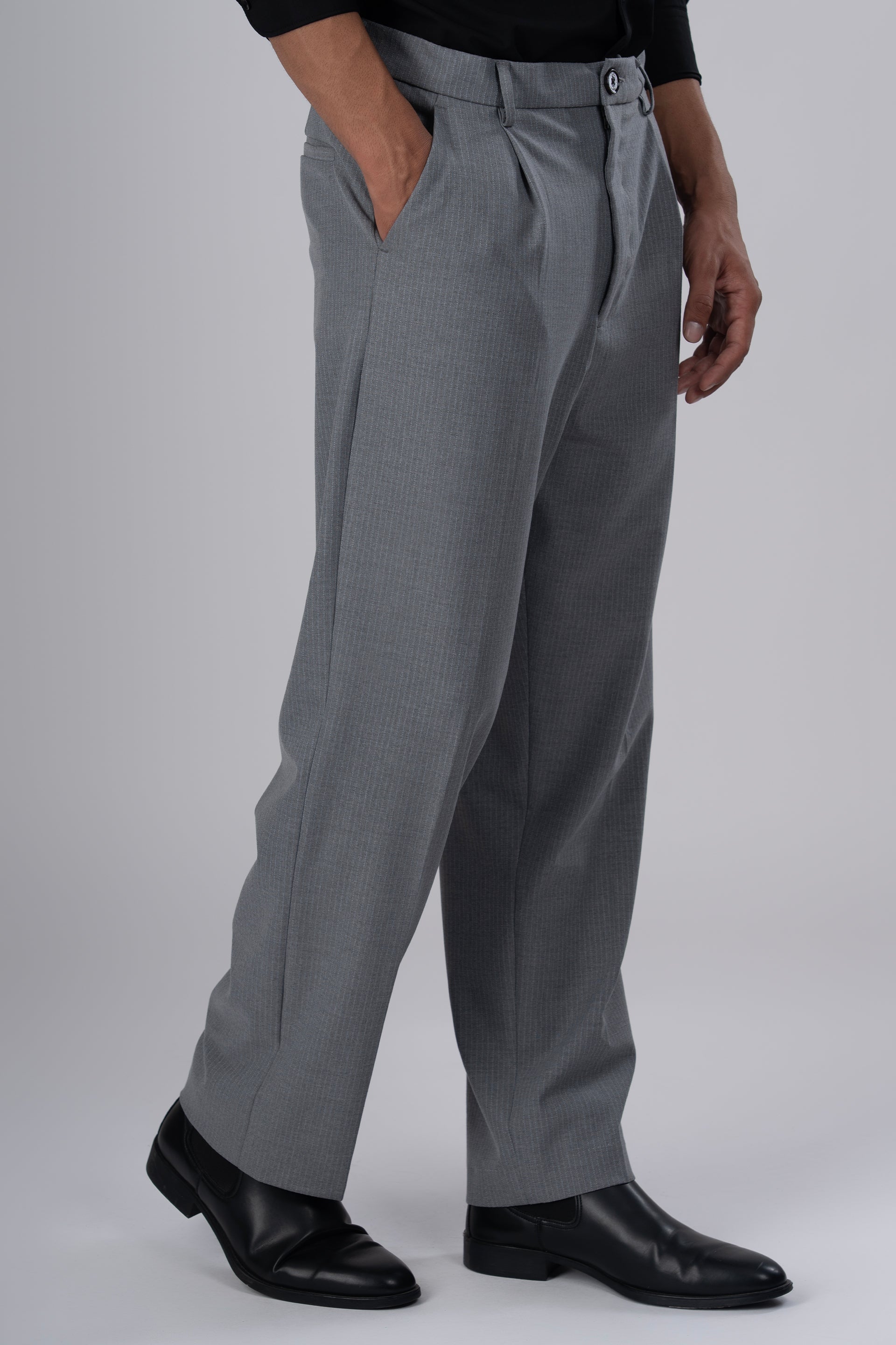 Easy Iron Pinstriped Relaxed Trousers In Grey