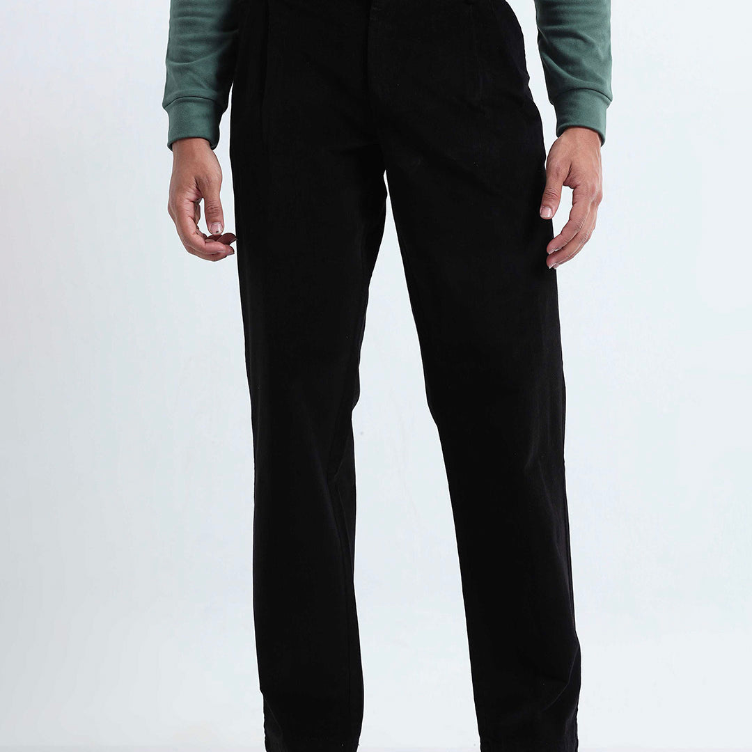 Relaxed Pleated Corduroy Pants In Black