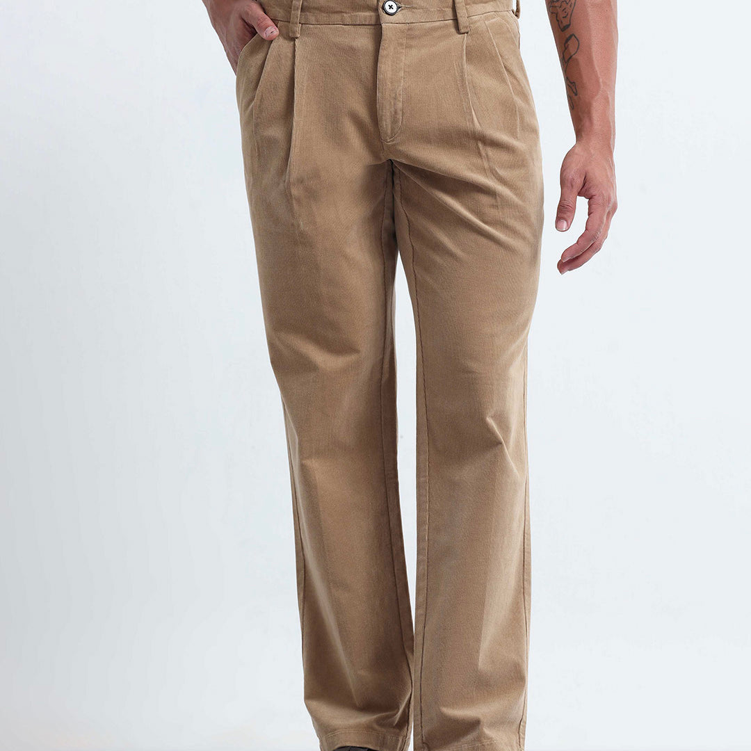 Relaxed Pleated Corduroy Pants In Beige