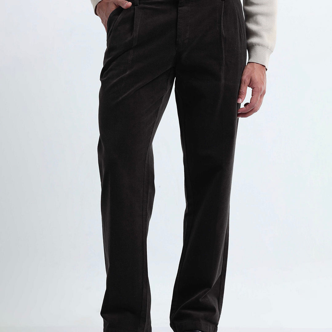 Relaxed Pleated Corduroy Pants In Dark Olive