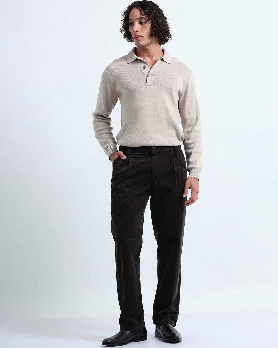 Relaxed Pleated Corduroy Pants In Dark Olive