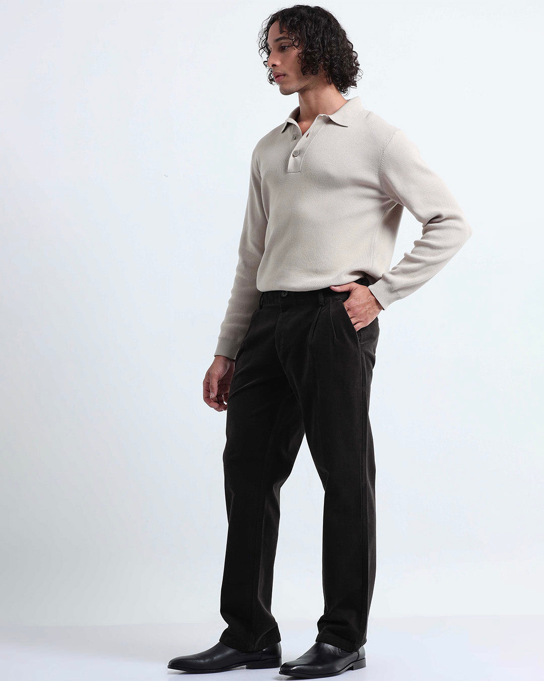 Relaxed Pleated Corduroy Pants In Dark Olive