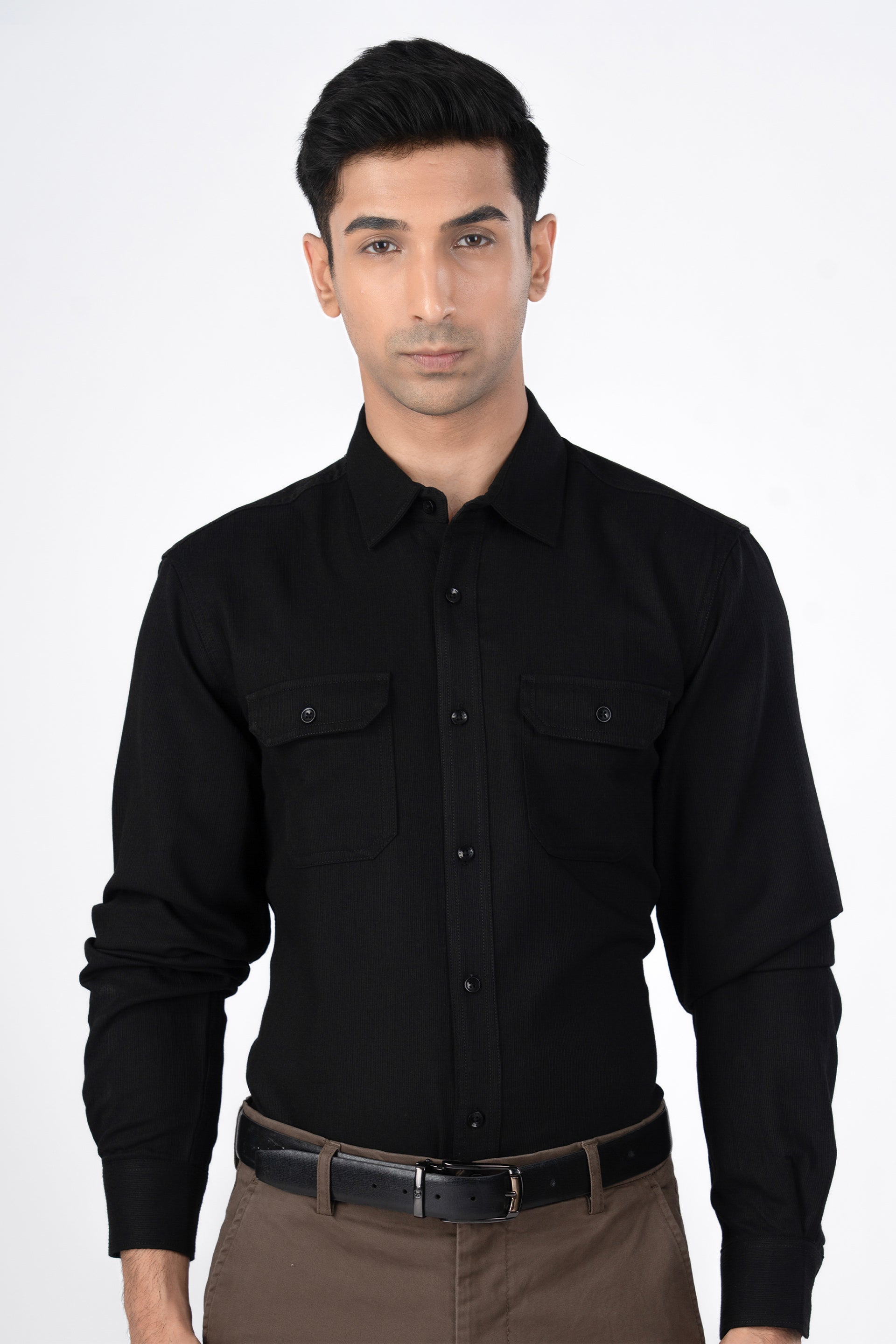 Easy Iron Cord Cargo Shirt In Black