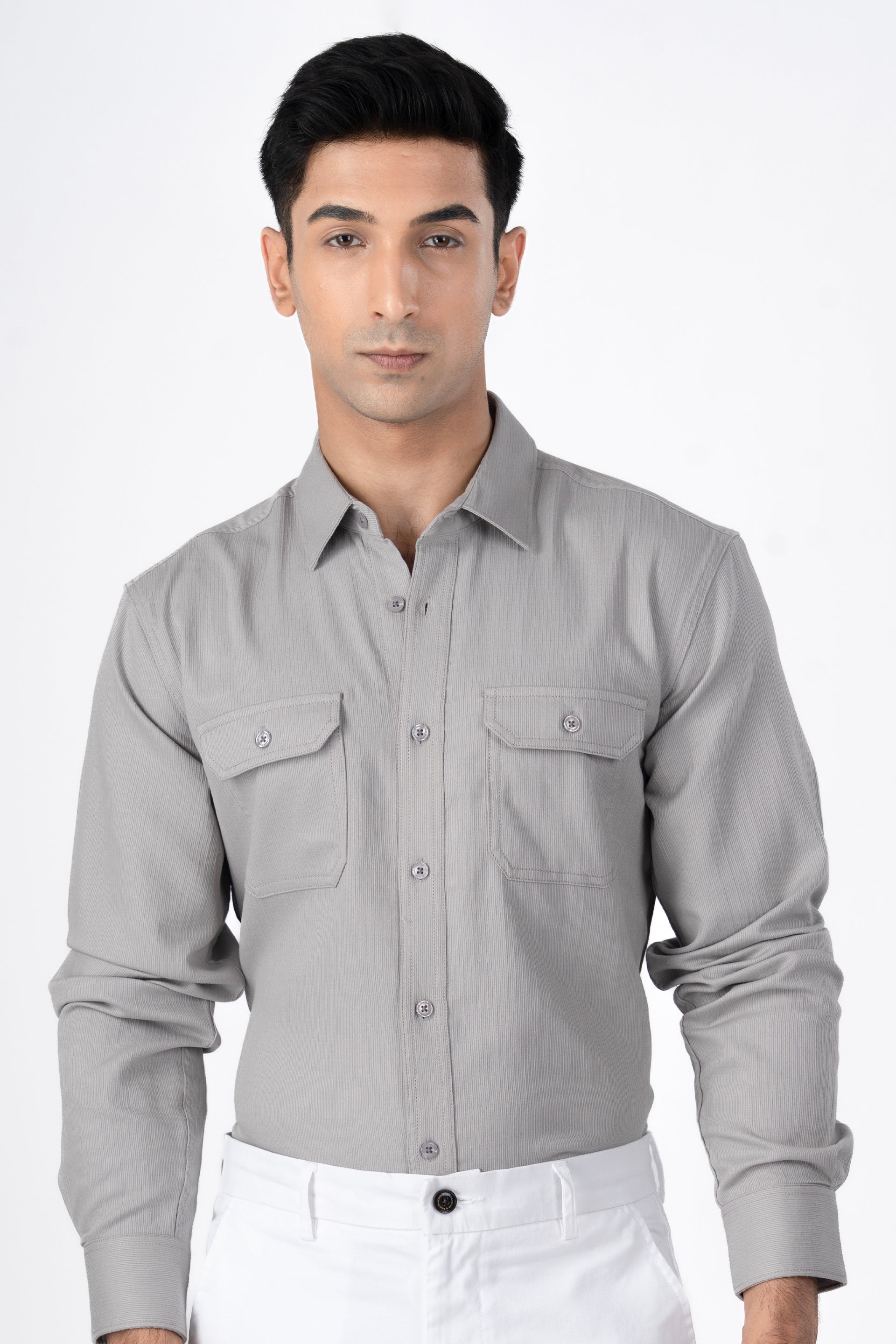 Easy Iron Cord Cargo Shirt In Grey