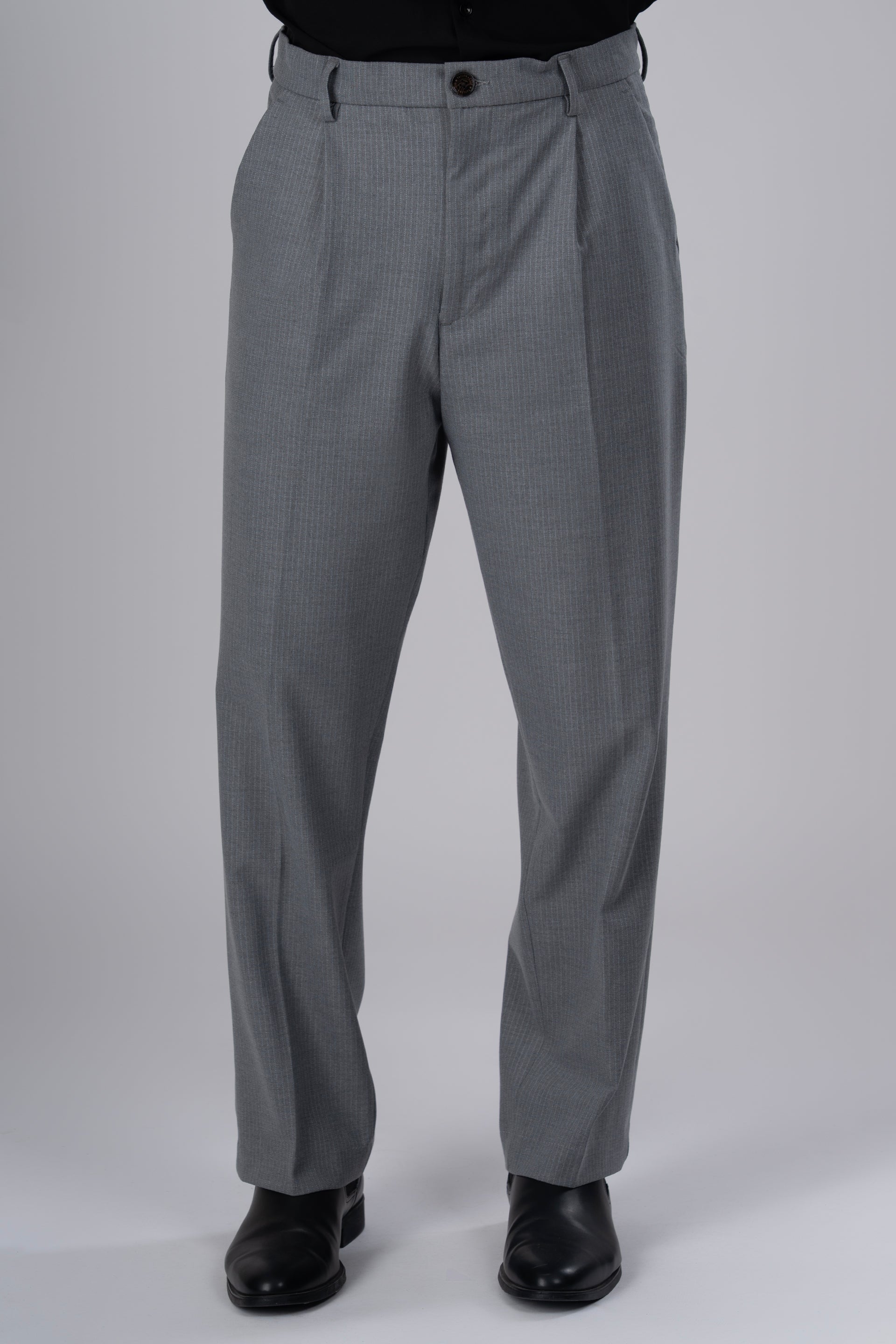 Men’s Easy Iron Pinstriped Relaxed Trousers in Grey – wrinkle-resistant, easy to maintain, premium everyday wear | Tailoraedge