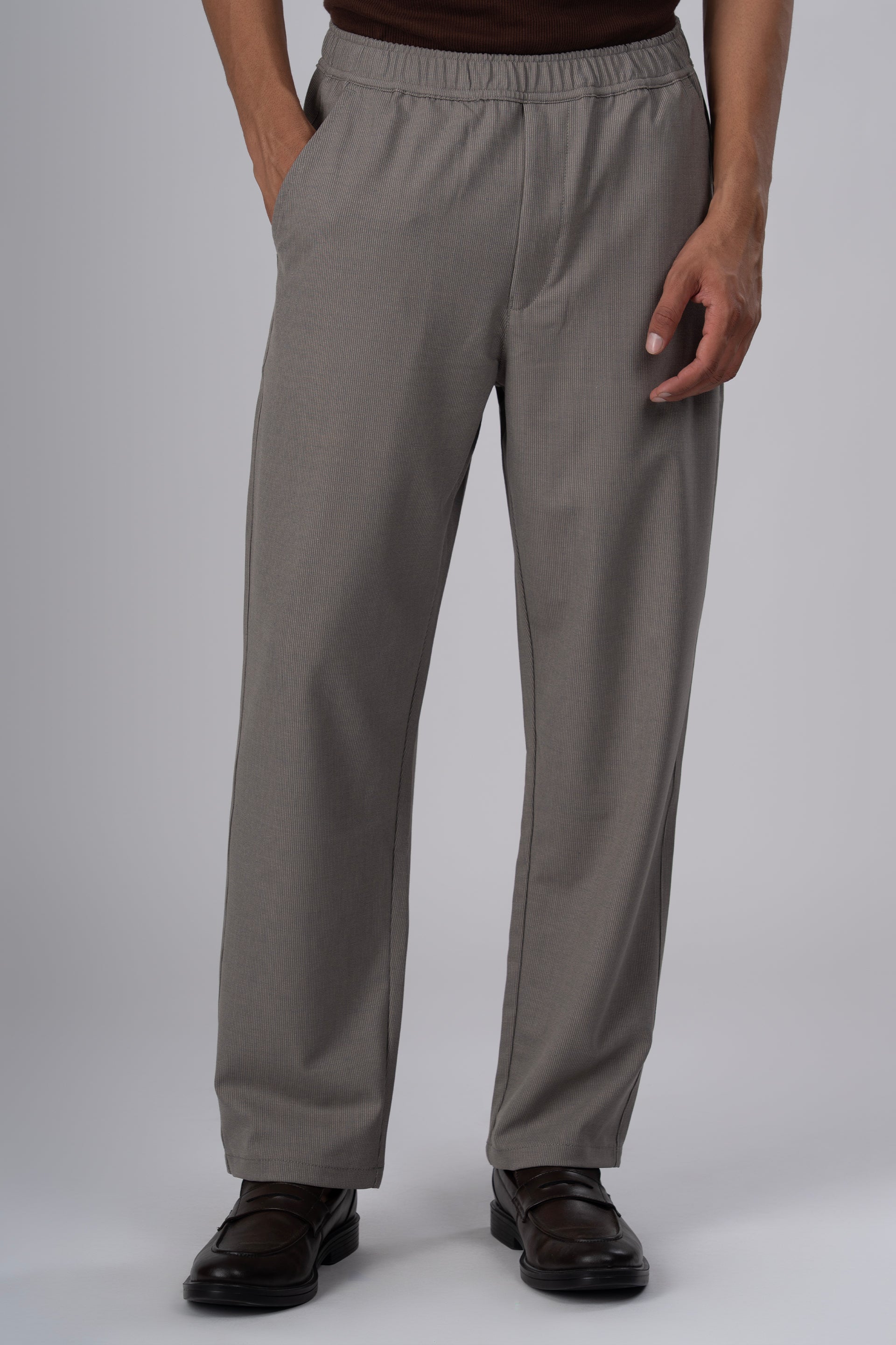 Men’s Easy Iron Striped Flexiwaist Relaxed Trouser in Beige – wrinkle resistant, flexi waist comfort, striped tailored pants | Tailoraedge