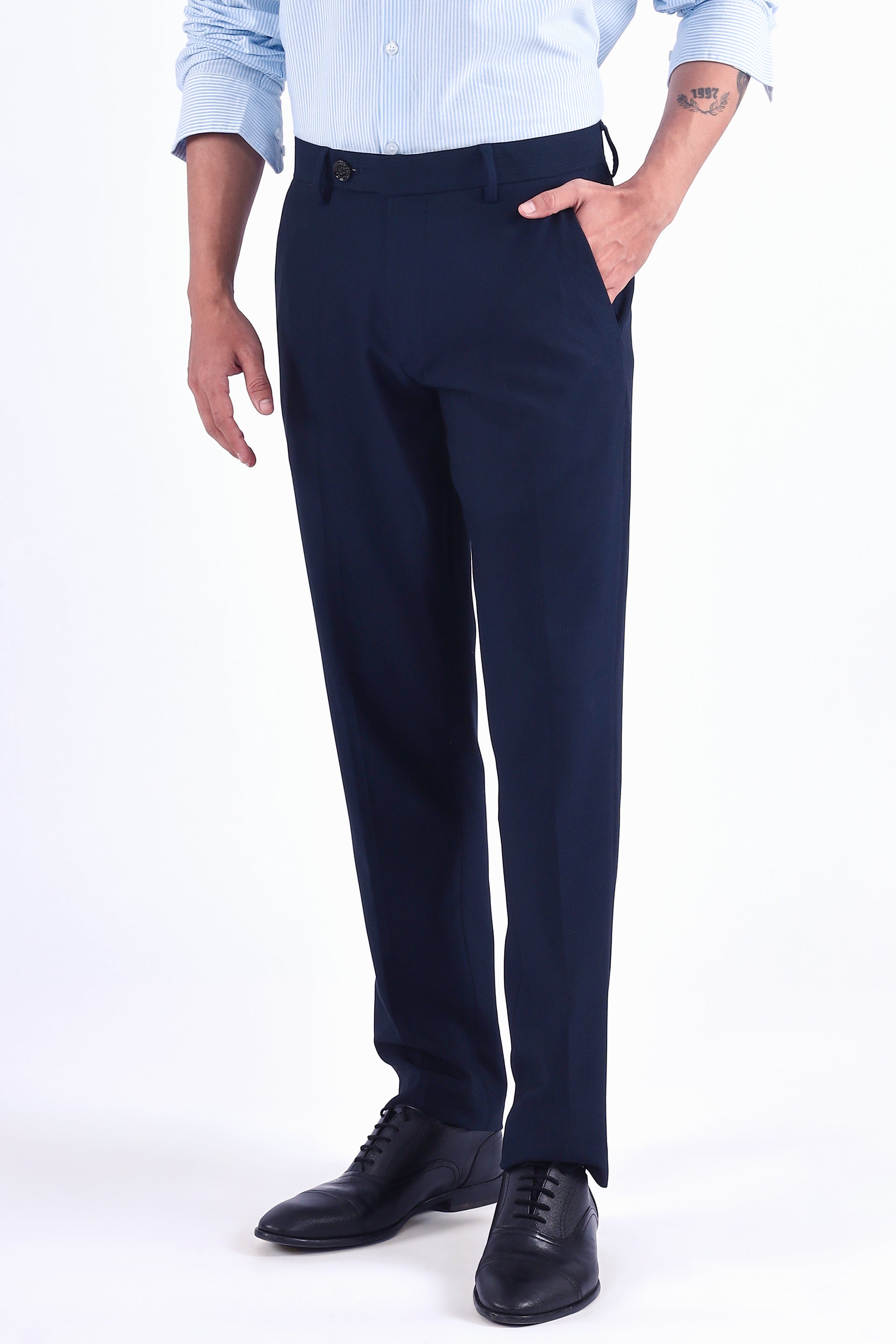 Men’s Easy Iron Striped Formal Pants in Navy Blue – crisp pinstriped texture, easy-iron comfort, classic polished look | Tailoraedge
