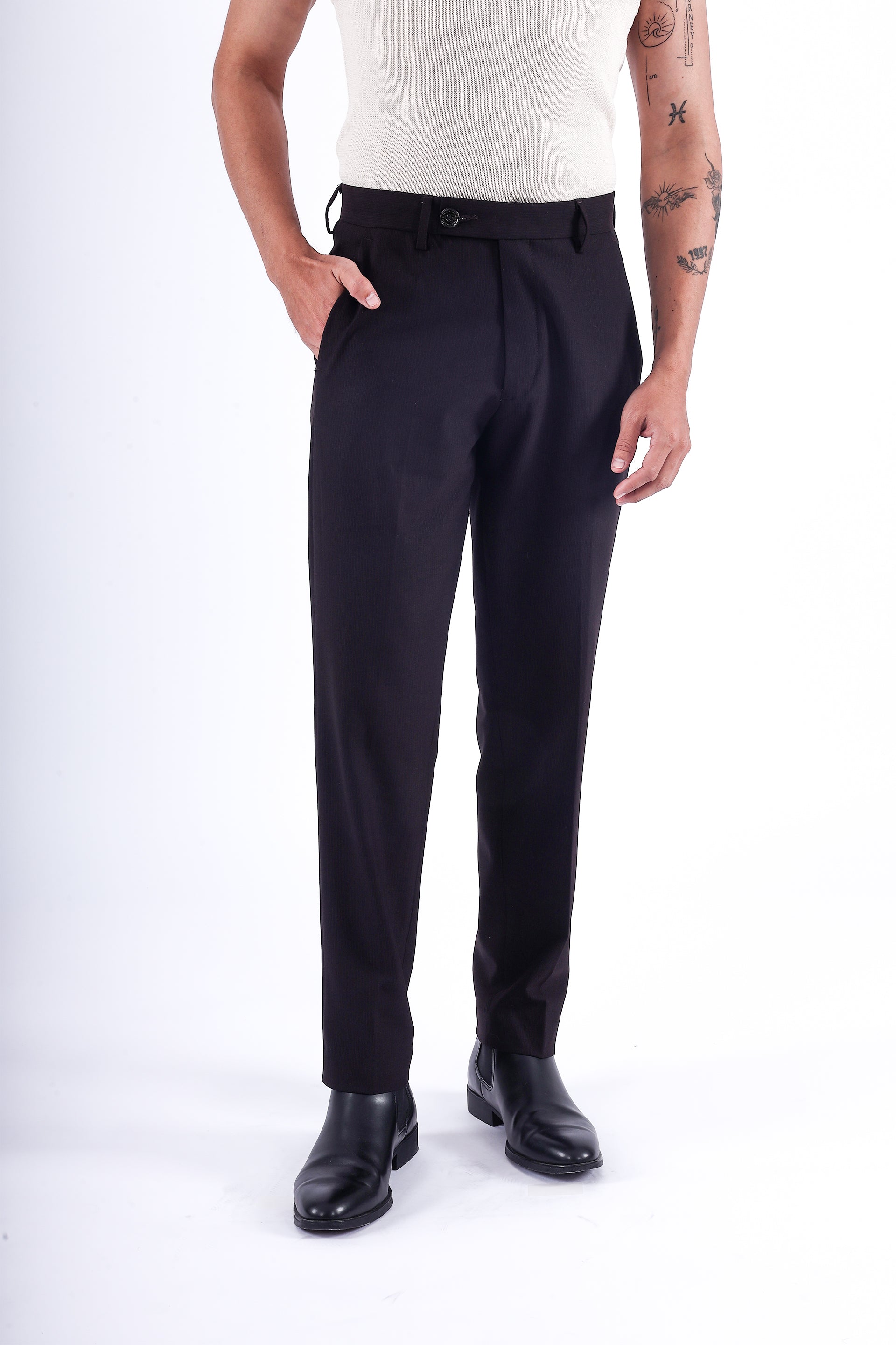 Men’s Easy Iron Striped Formal Pants in Wine – easy iron finish, rich wine stripe, stylish formal staple | Tailoraedge