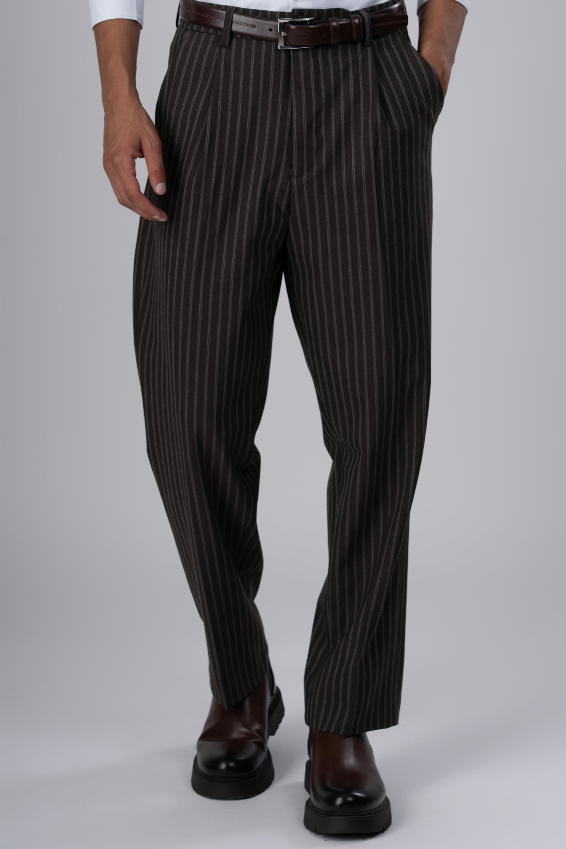 Men’s Easy Iron Striped Relaxed Trousers in Brown – easy-iron striped texture, relaxed fit, warm-tone versatile styling | Tailoraedge