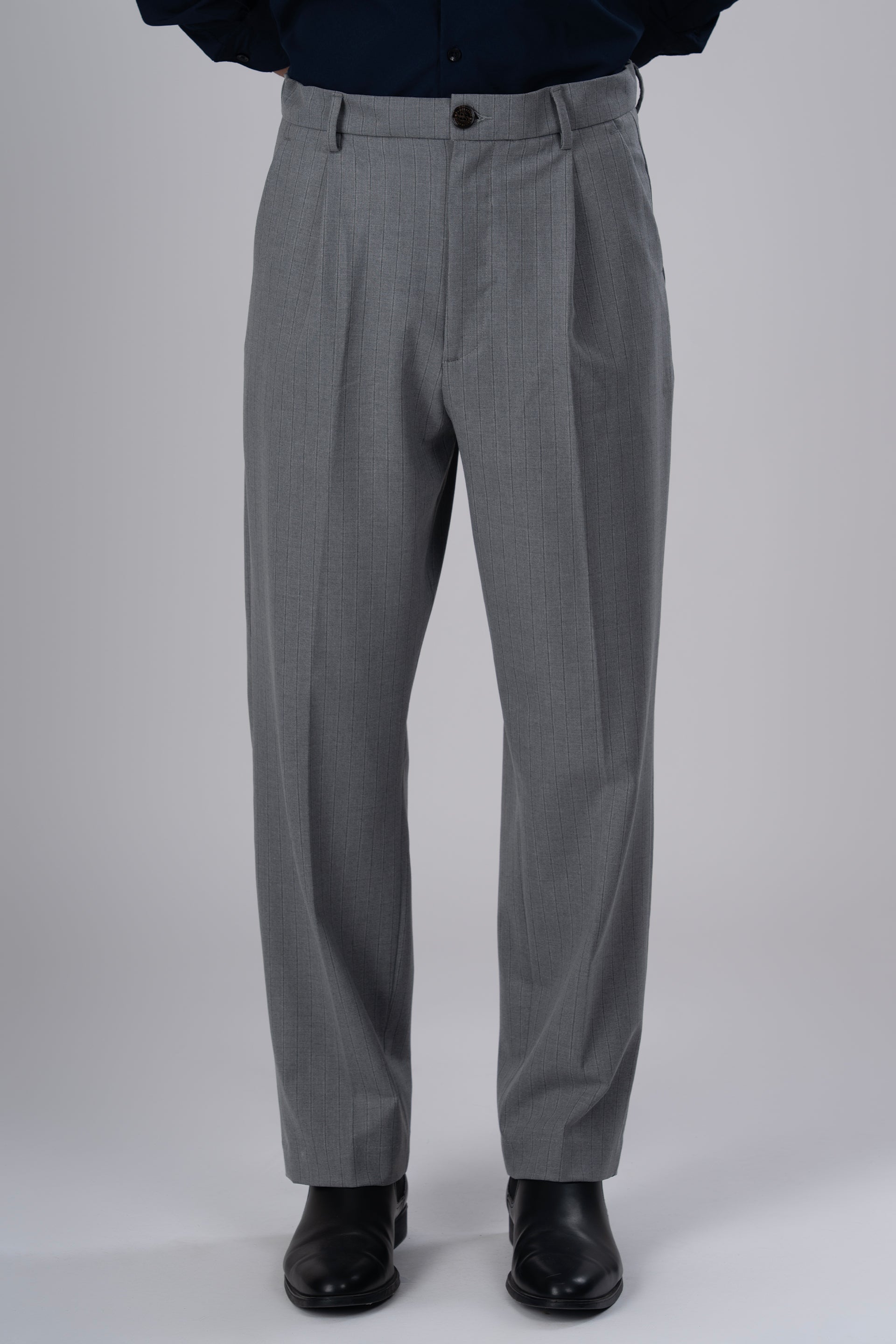 Men’s Easy Iron Striped Relaxed Trousers in Light Grey – wrinkle-resistant fabric with subtle stripe, relaxed fit, effortless office-to-casual wear | Tailoraedge