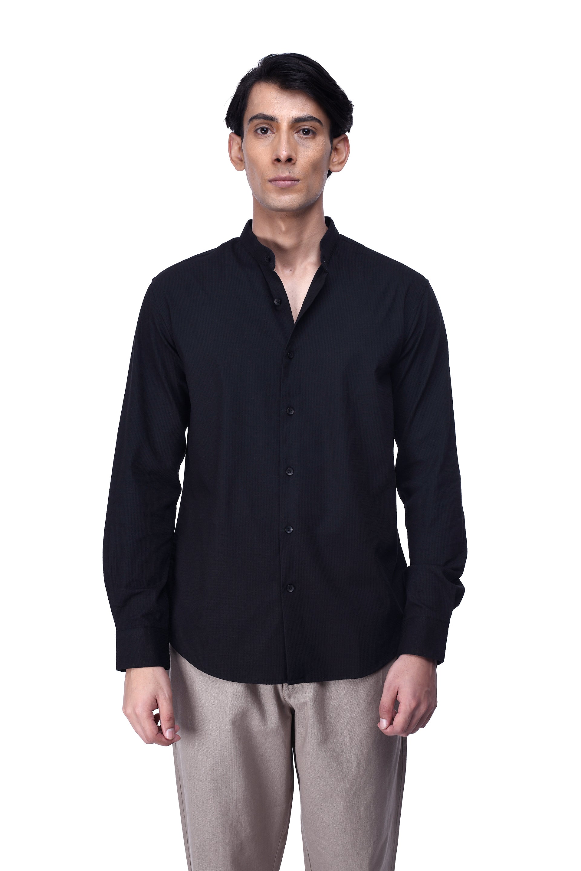 Men's Easy Iron Textured Mandarin Shirt in Black – wrinkle-resistant, tailored fit, breathable stretch fabric | Tailoraedge