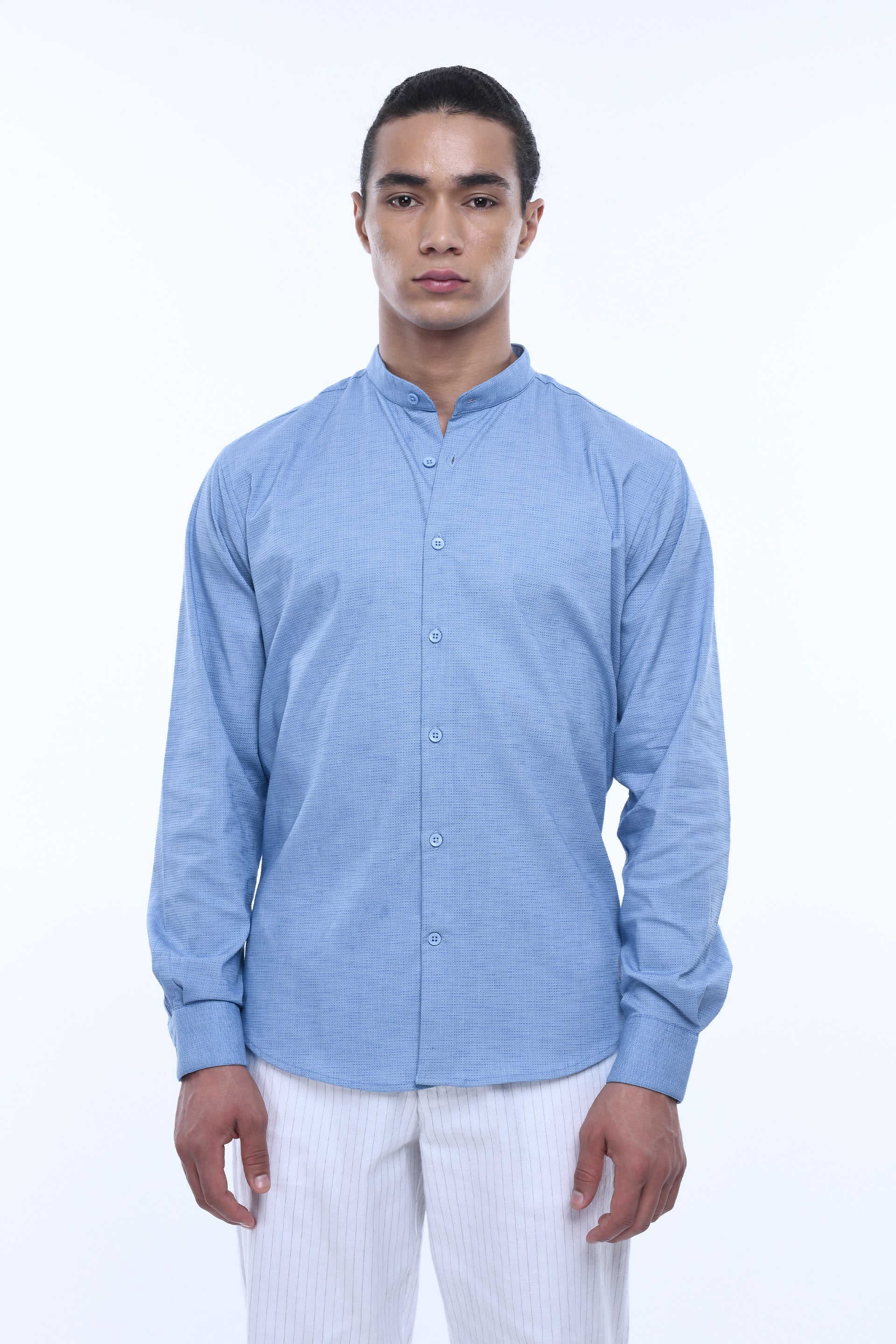 Men's Easy Iron Textured Mandarin Shirt in Blue – wrinkle-resistant, tailored fit, breathable stretch fabric | Tailoraedge
