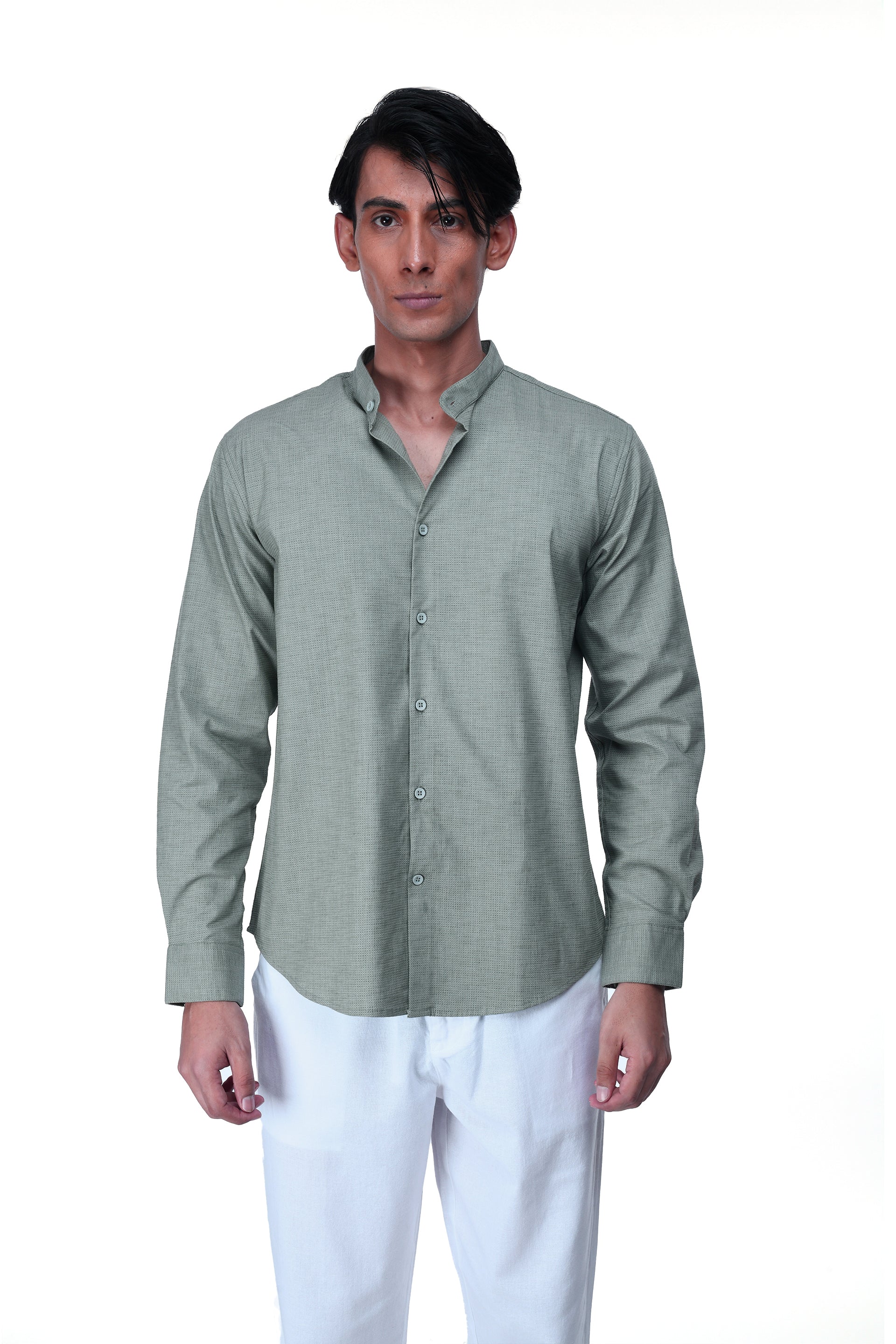 Men's Easy Iron Textured Mandarin Shirt in Green – wrinkle-resistant, tailored fit, breathable stretch fabric | Tailoraedge