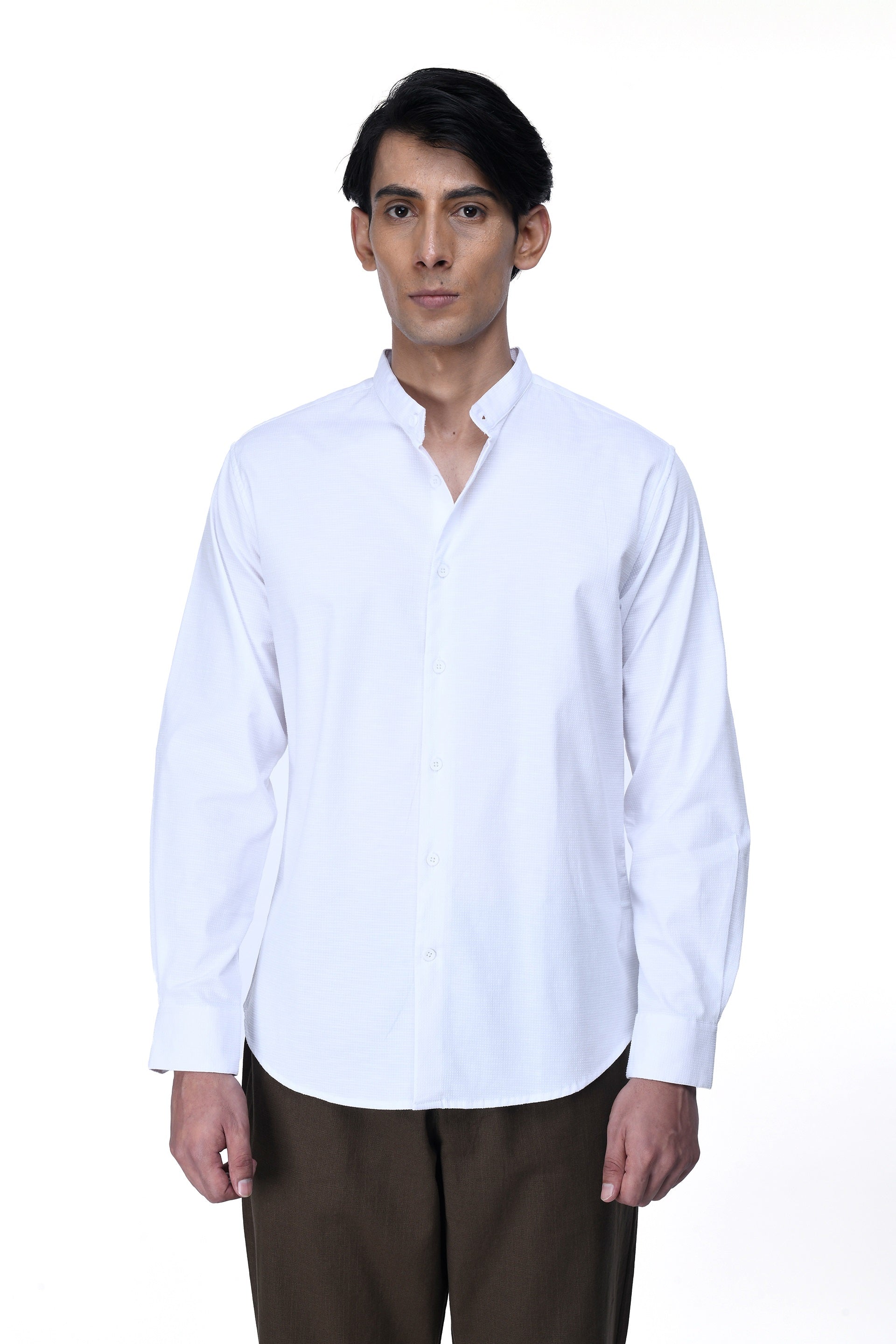 Men's Easy Iron Textured Mandarin Shirt in White – wrinkle-resistant, tailored fit, breathable stretch fabric | Tailoraedge