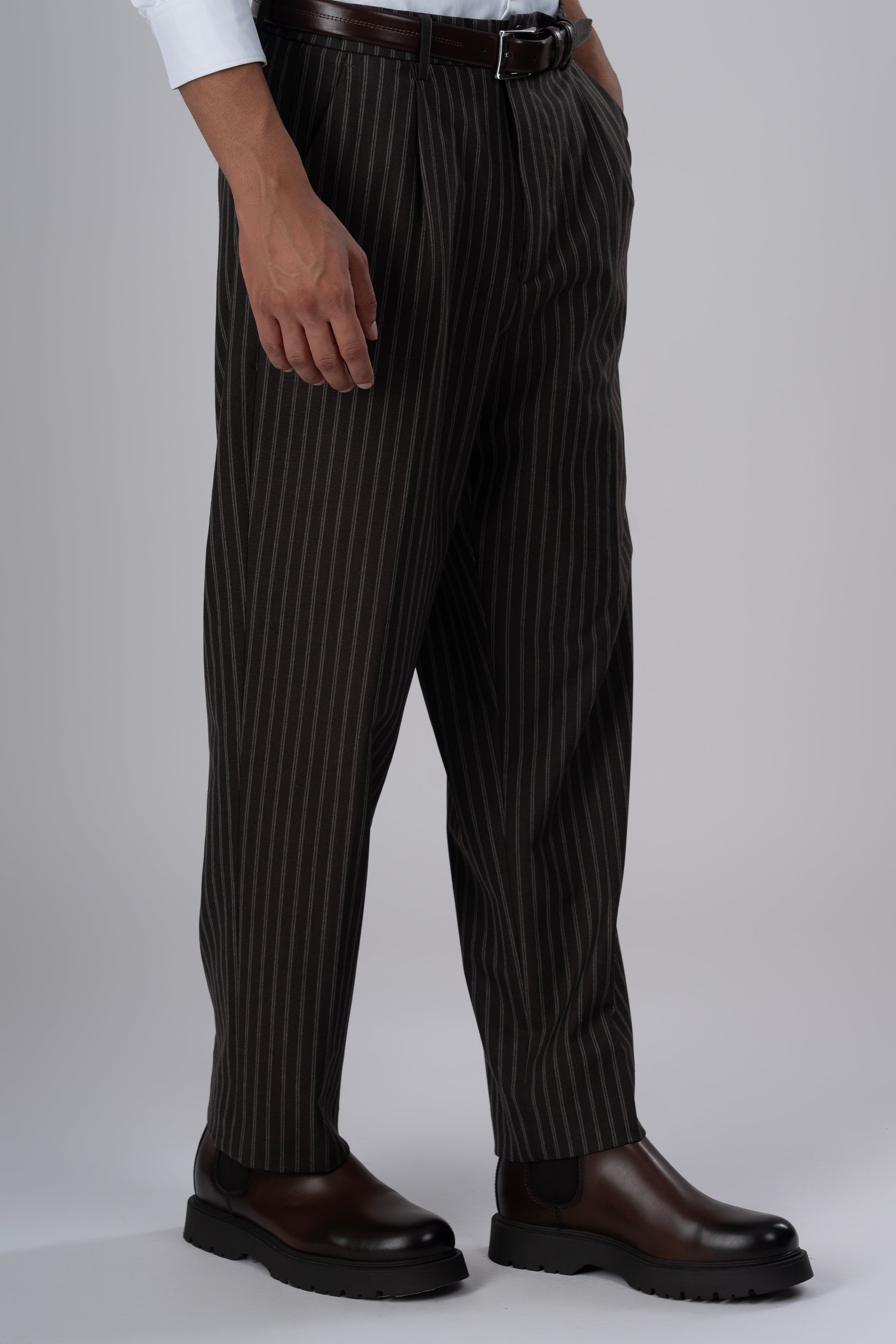 Easy Iron Striped Relaxed Trousers In Brown
