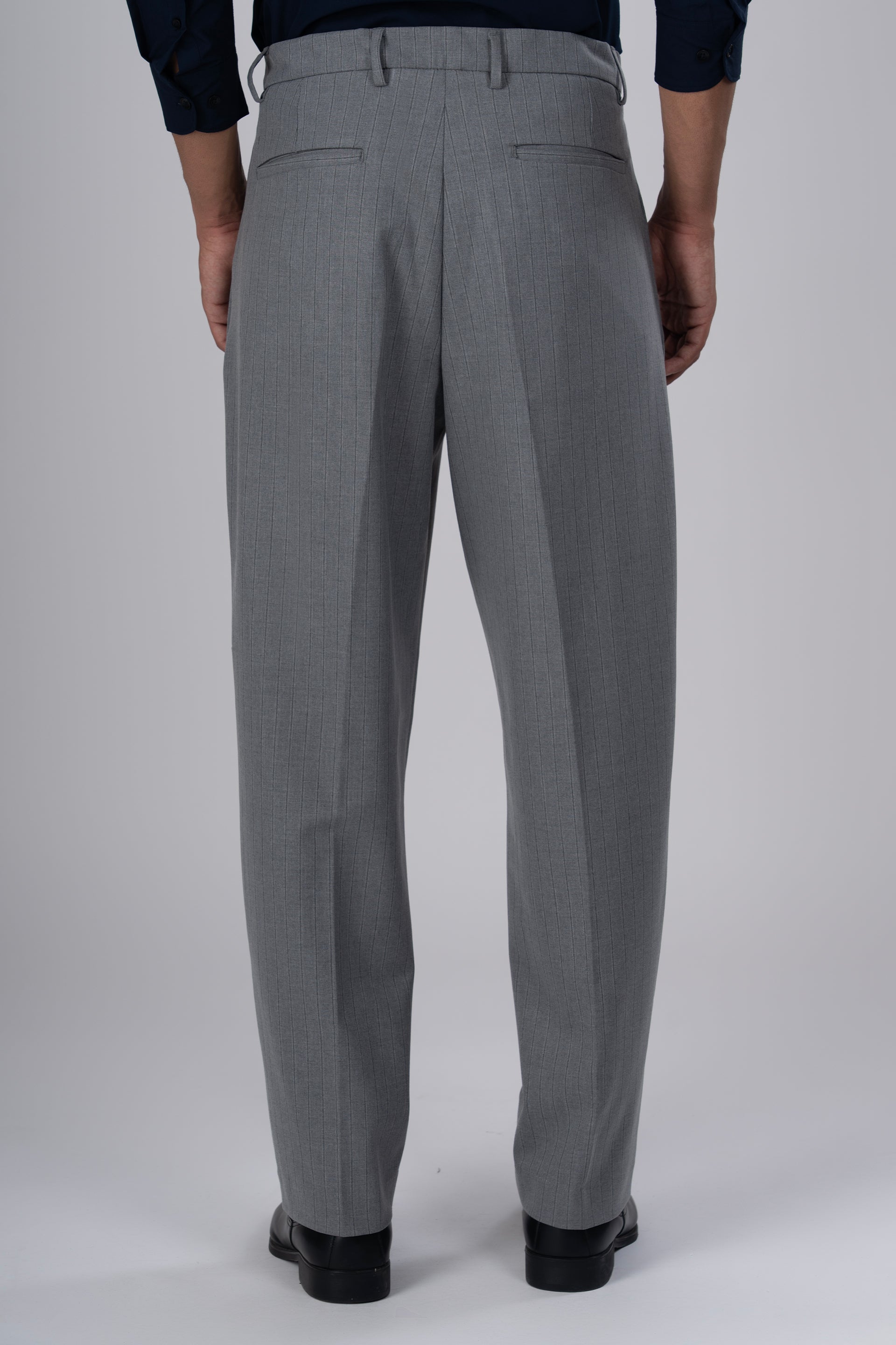 Easy Iron Striped Relaxed Trousers In Light Grey