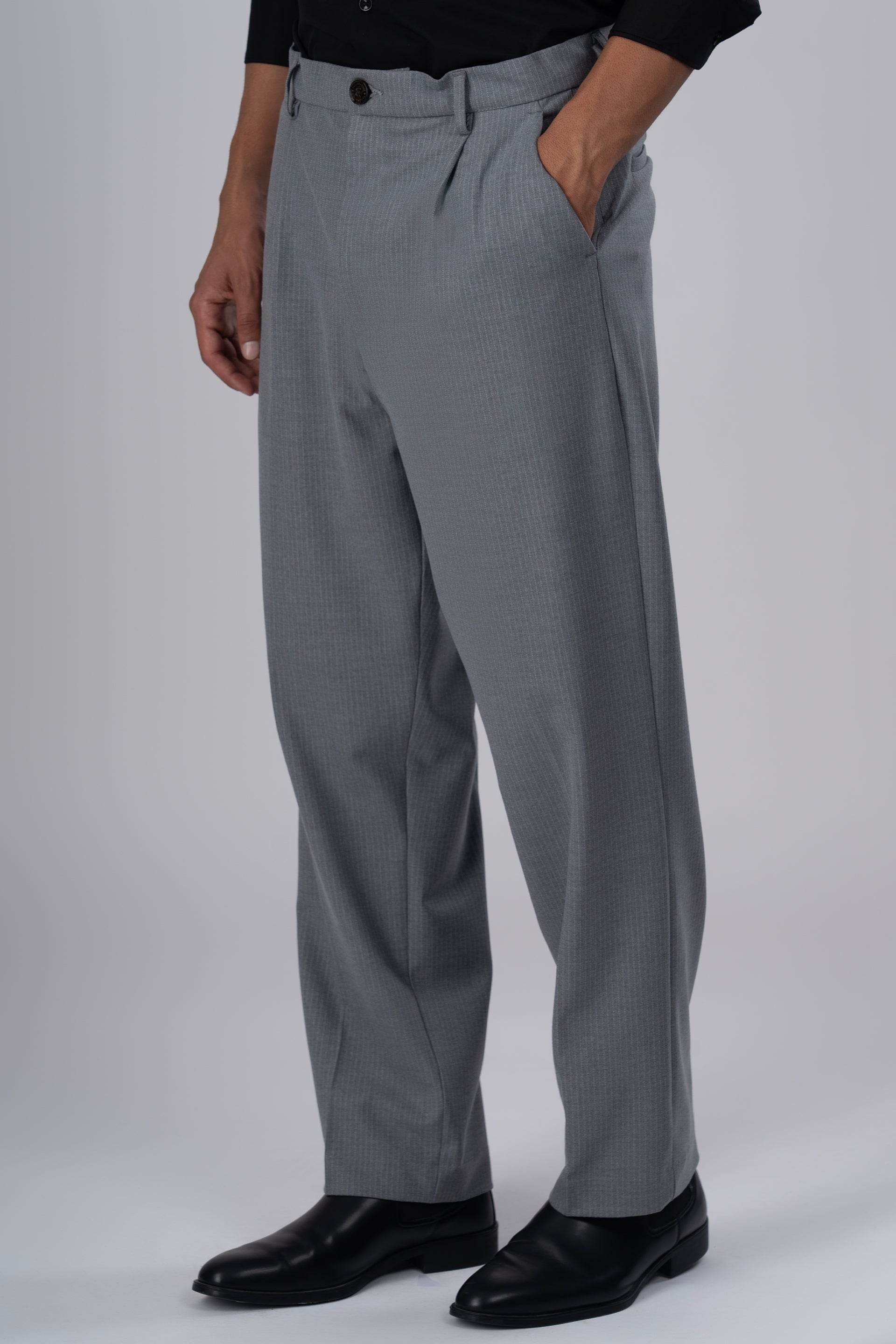 Easy Iron Pinstriped Relaxed Trousers In Grey