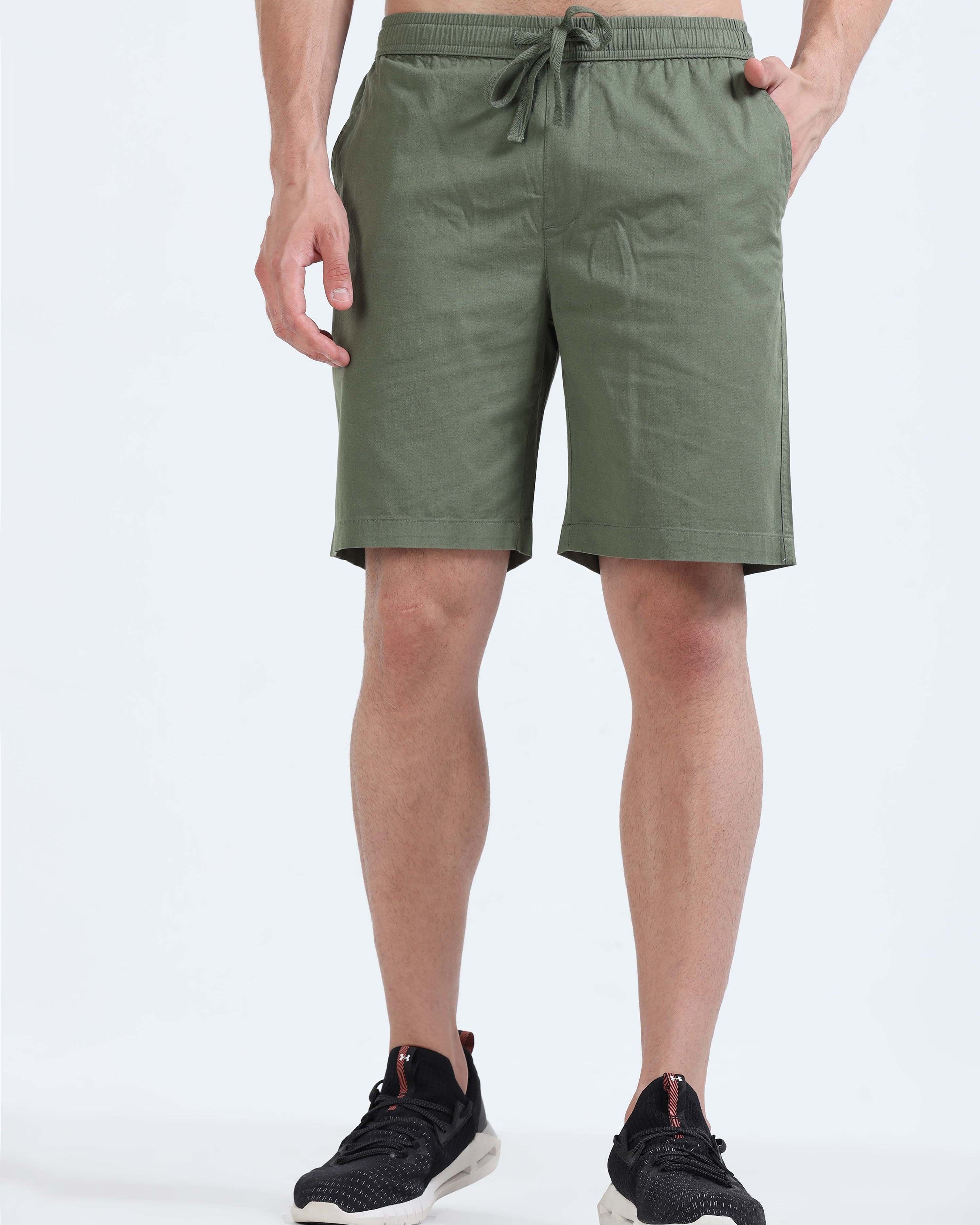 Soft Cotton Basic Shorts In Olive
