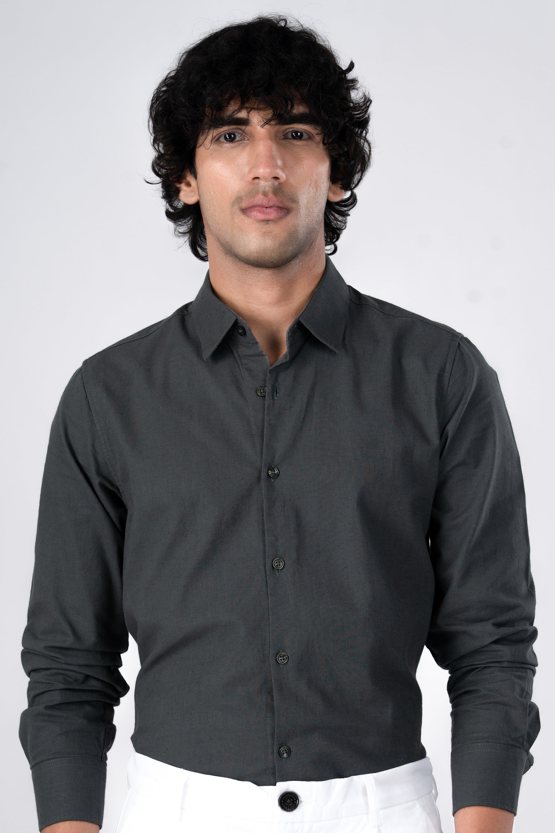 Tailoraedge Men's Premium Linen Griege Shirt in Green – lightweight, relaxed fit, versatile styling.
