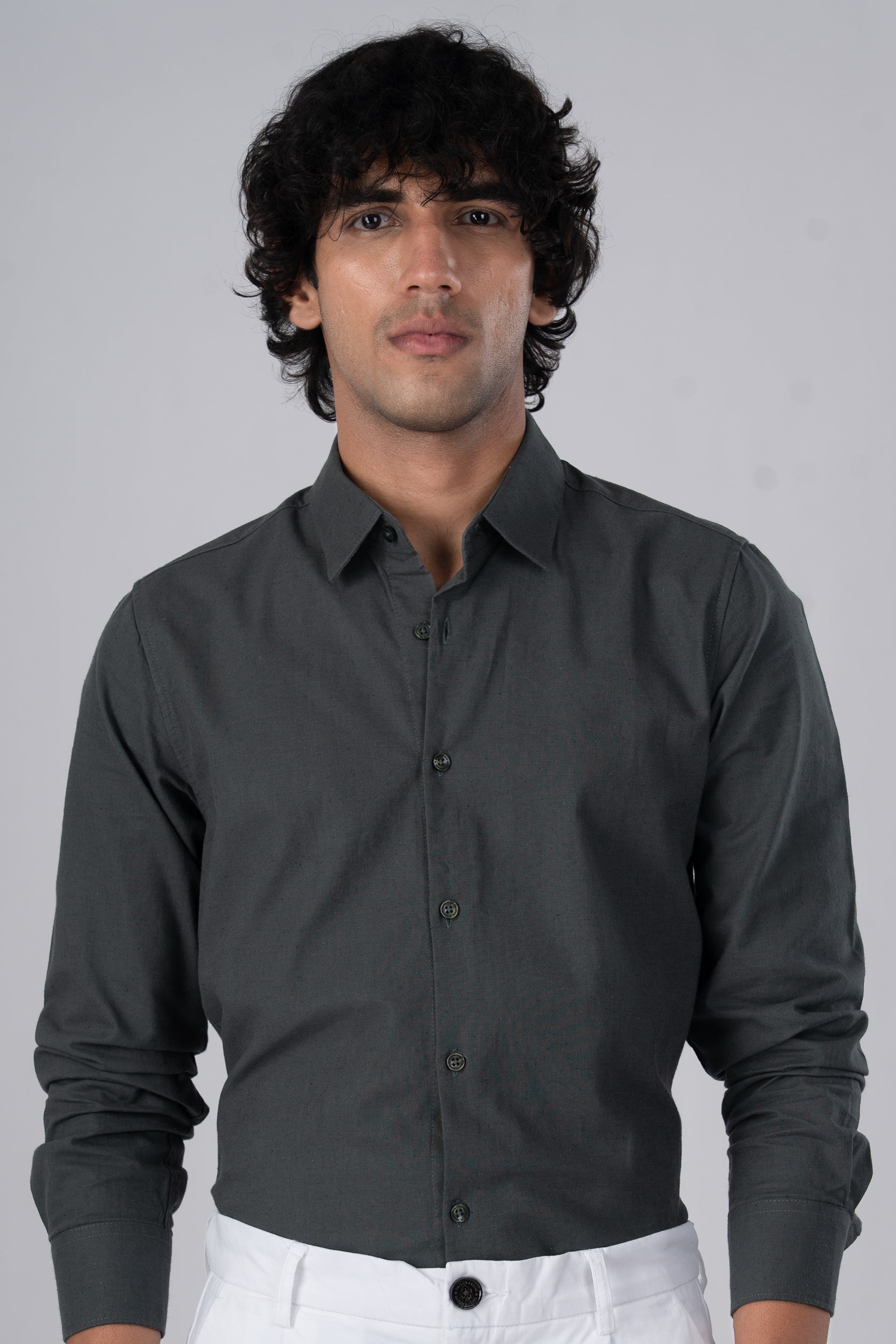 Men's Premium Linen Griege Shirt in Green – lightweight, relaxed fit, versatile styling | Tailoraedge