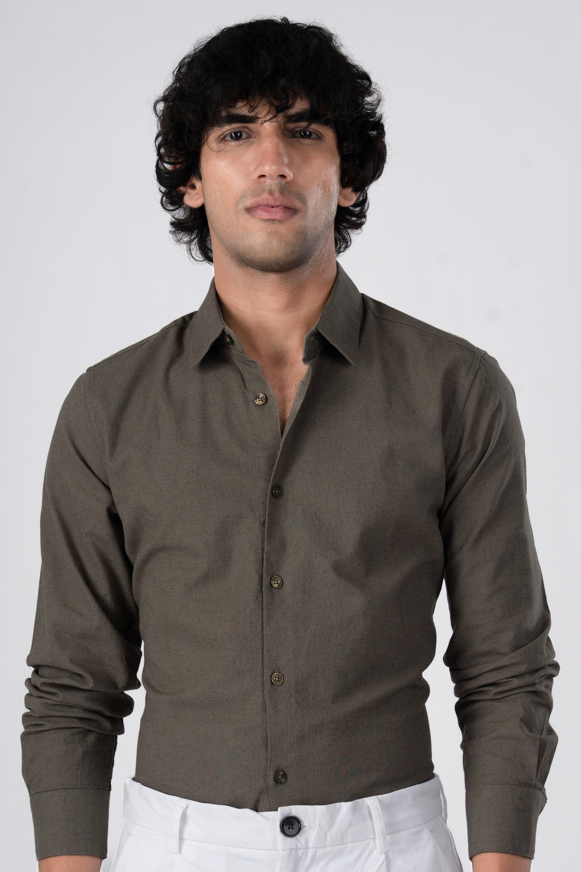 Tailoraedge Men's Premium Linen Griege Shirt in Olive – breathable drape, soft touch, timeless styling.