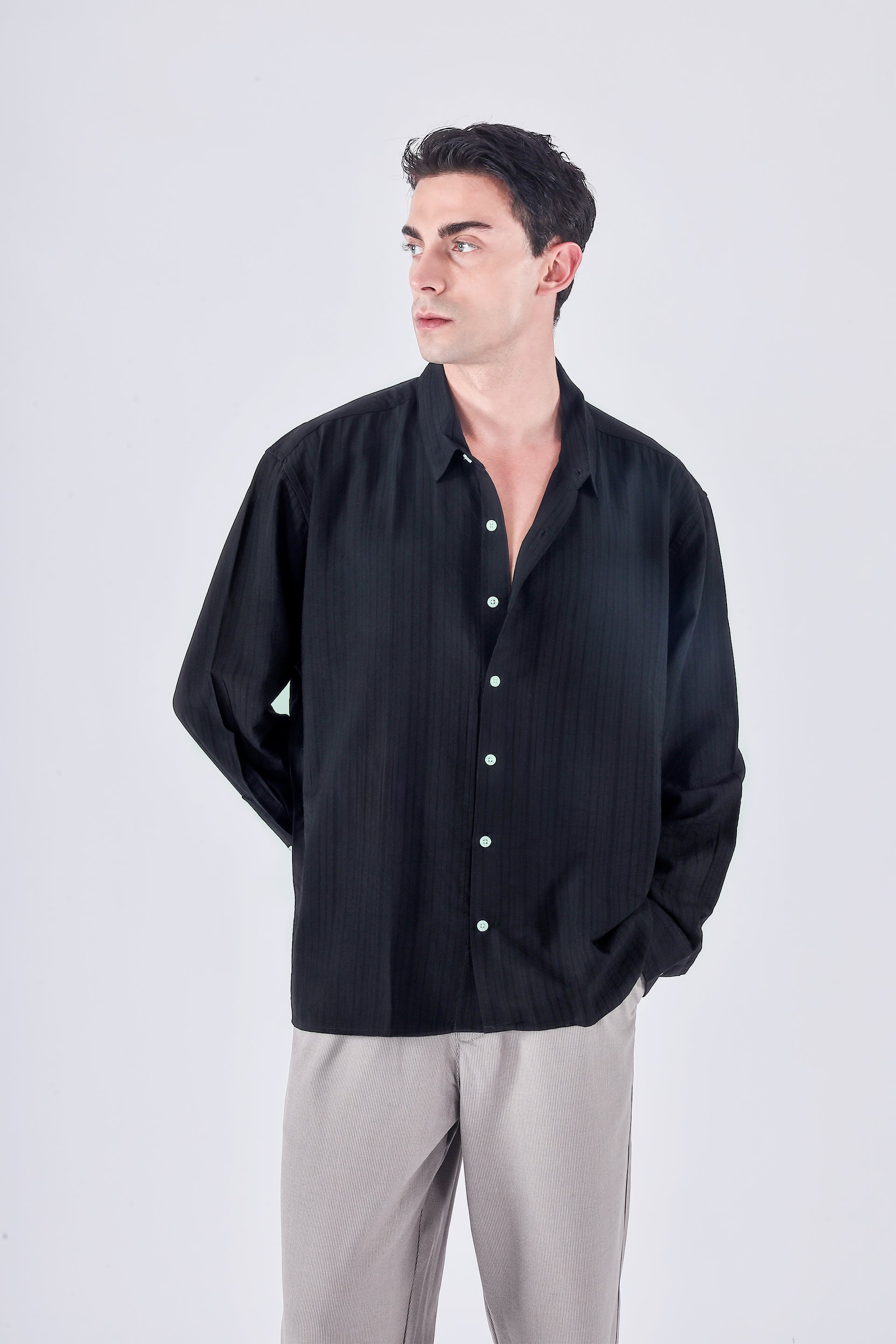 Men’s Relaxed Striped Drape Shirt in Black – soft flow drape, lightweight relaxed fit, timeless striped essential | Tailoraedge