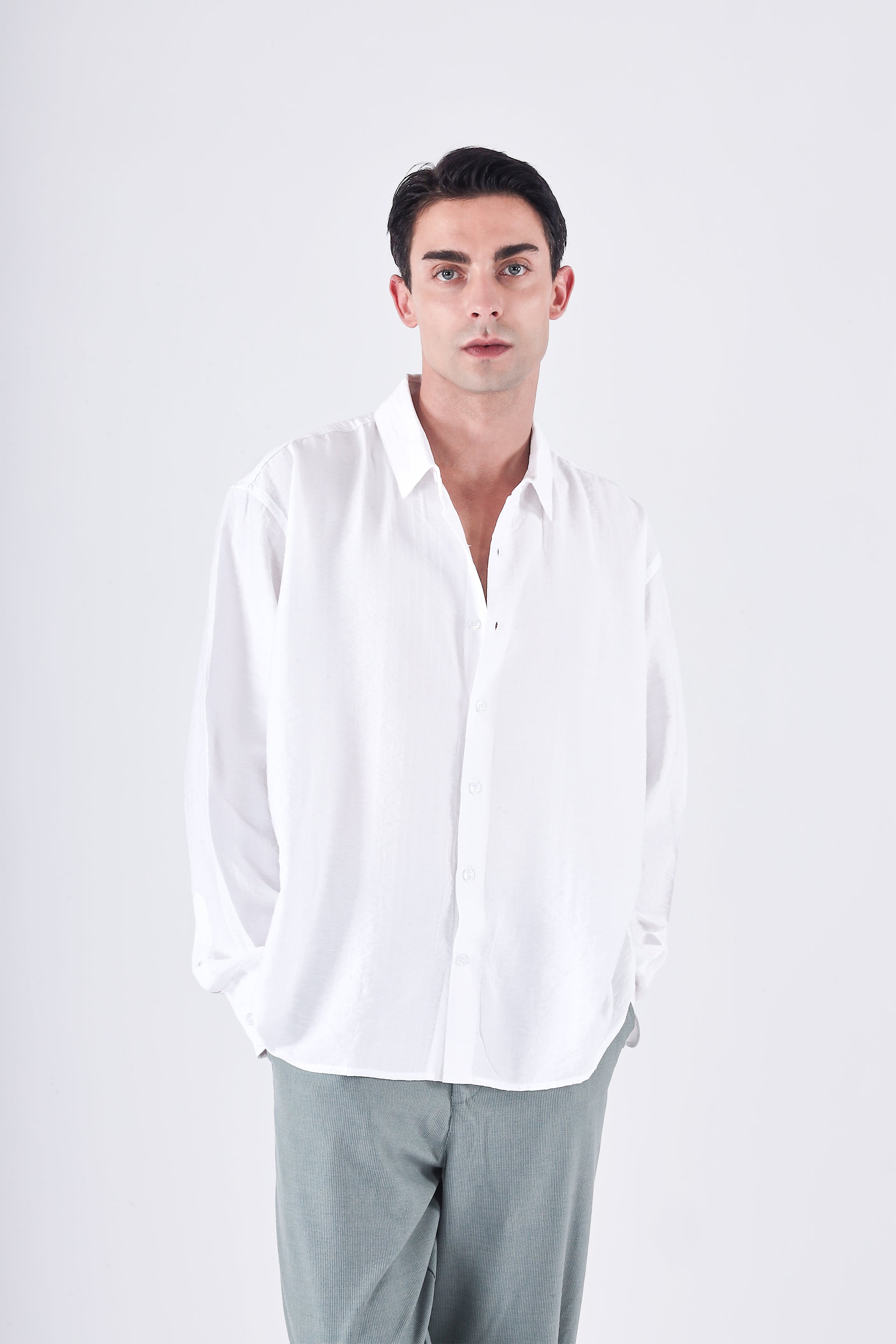 Men’s Relaxed Striped Drape Shirt in White – breathable drape, lightweight relaxed fit, minimalist striped style | Tailoraedge