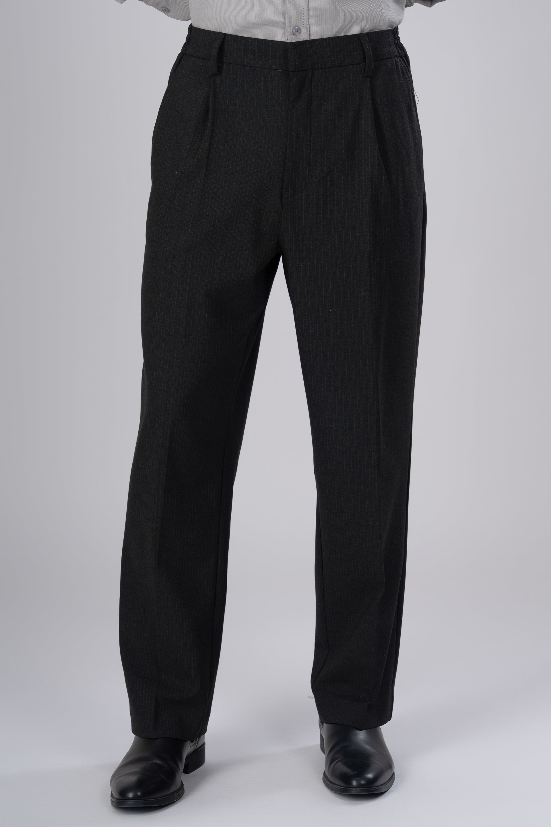 Men’s Soft Iron Flexi Pinstriped Relaxed Pant in Black – lightweight wrinkle-resistant fabric, easy-iron finish, flexiwaist comfort, versatile essential | Tailoraedge