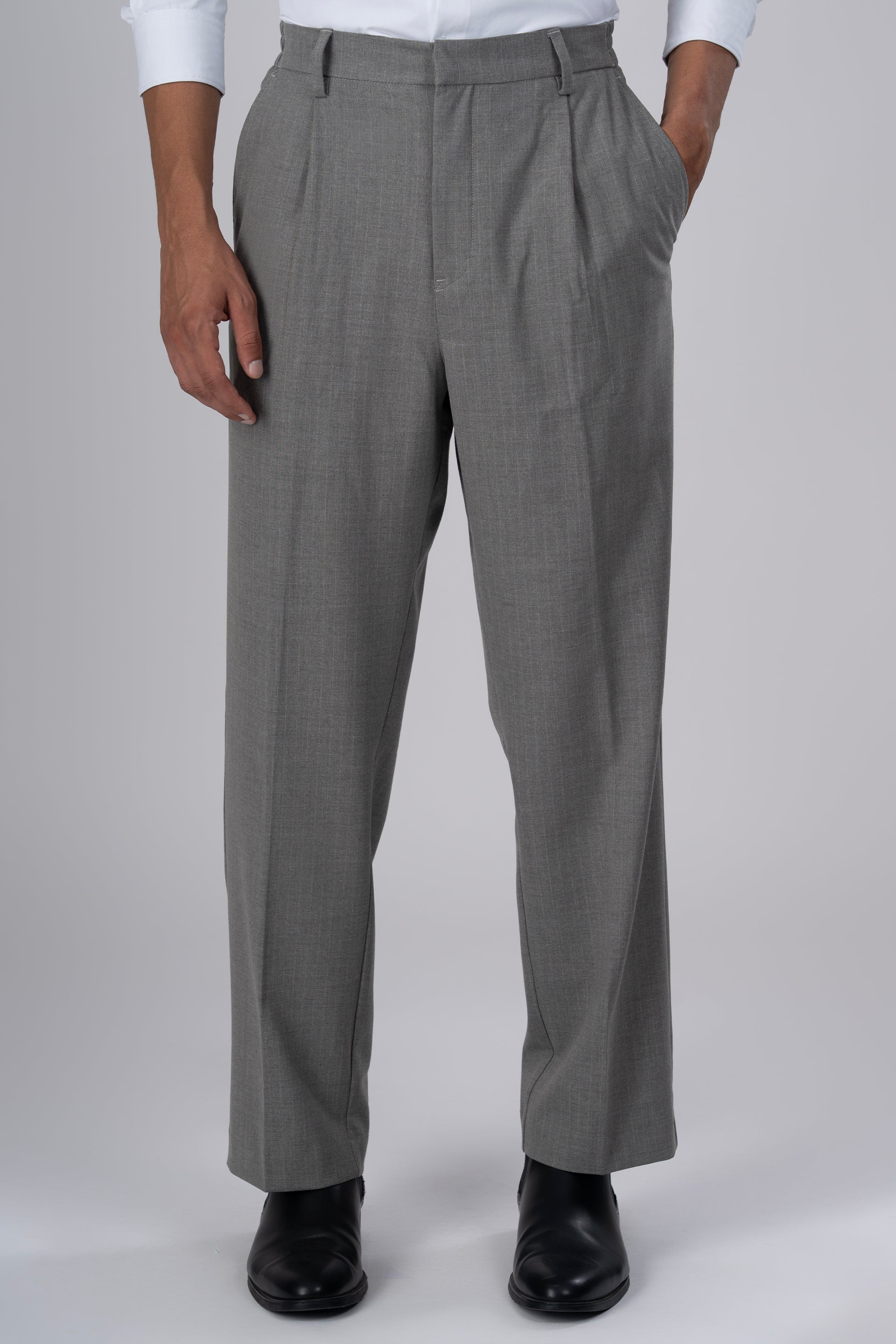 Men’s Soft Iron Flexi Pinstriped Relaxed Pant in Grey – lightweight fabric, easy-iron finish, flexiwaist comfort, relaxed tailored fit | Tailoraedge