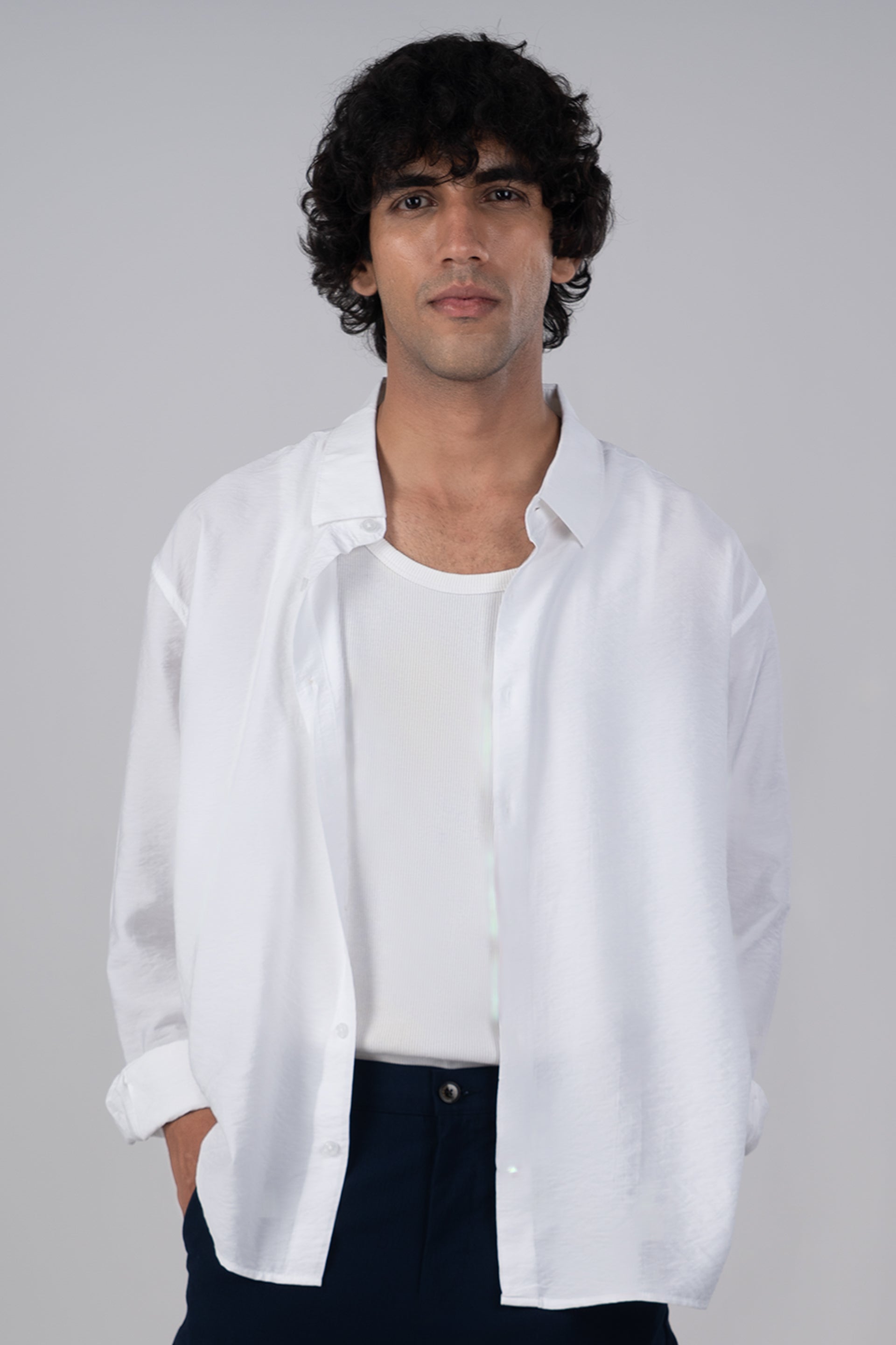 Men's soft nylon relaxed shirt in white – lightweight, relaxed fit, breathable drape | Tailoraedge
