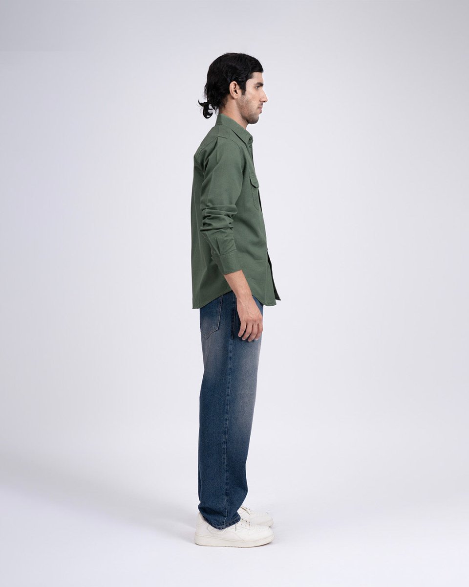 TAILORAEDGE Classic Cotton Cargo Shirt In Green