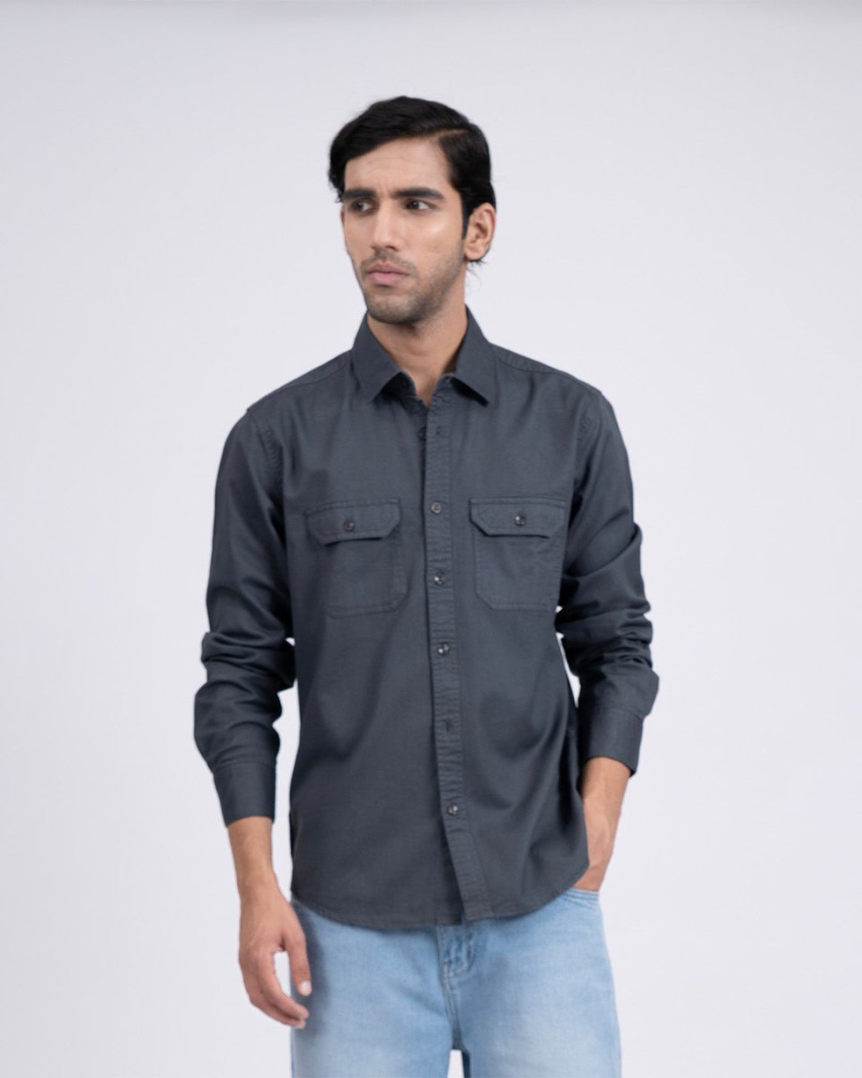 TAILORAEDGE Classic Cotton Cargo Shirt In Grey