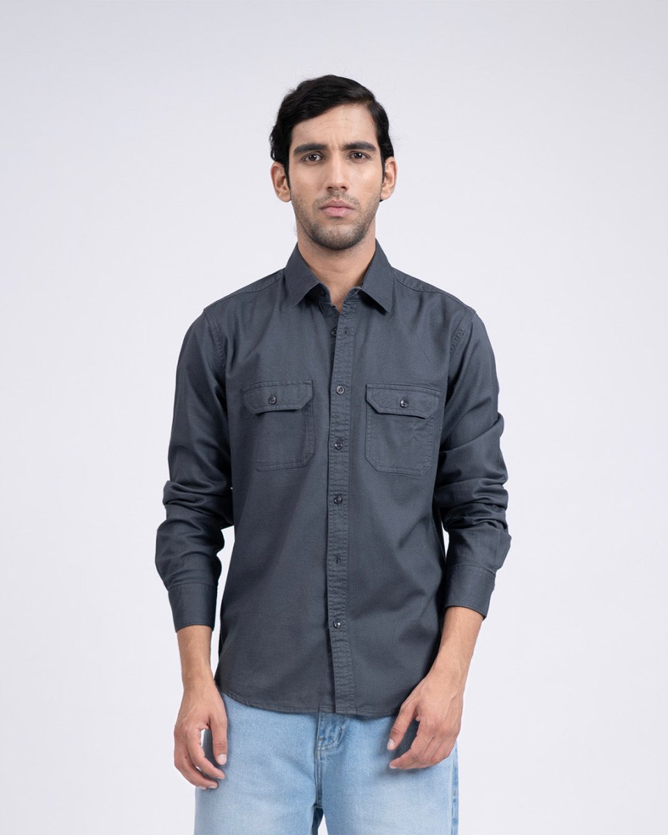 TAILORAEDGE Classic Cotton Cargo Shirt In Grey