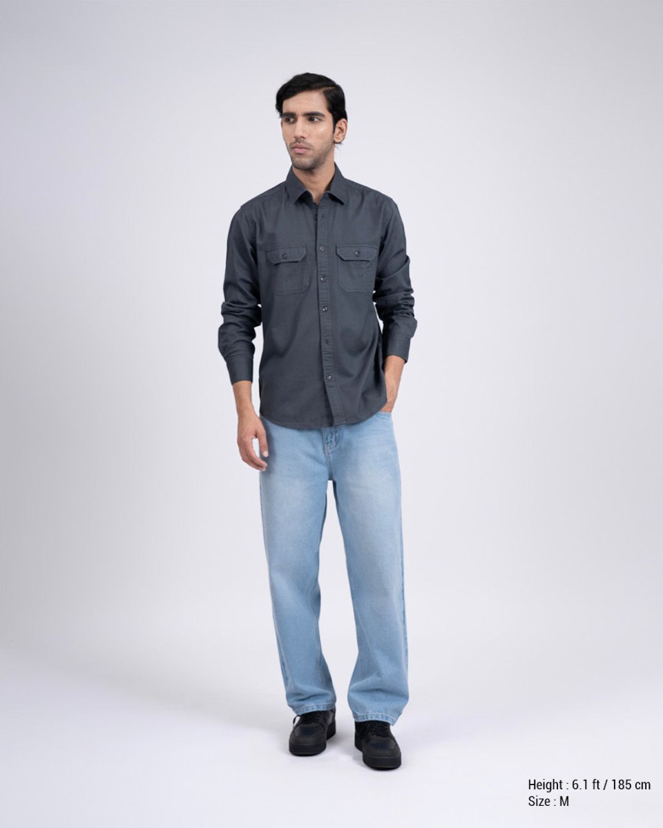 TAILORAEDGE Classic Cotton Cargo Shirt In Grey