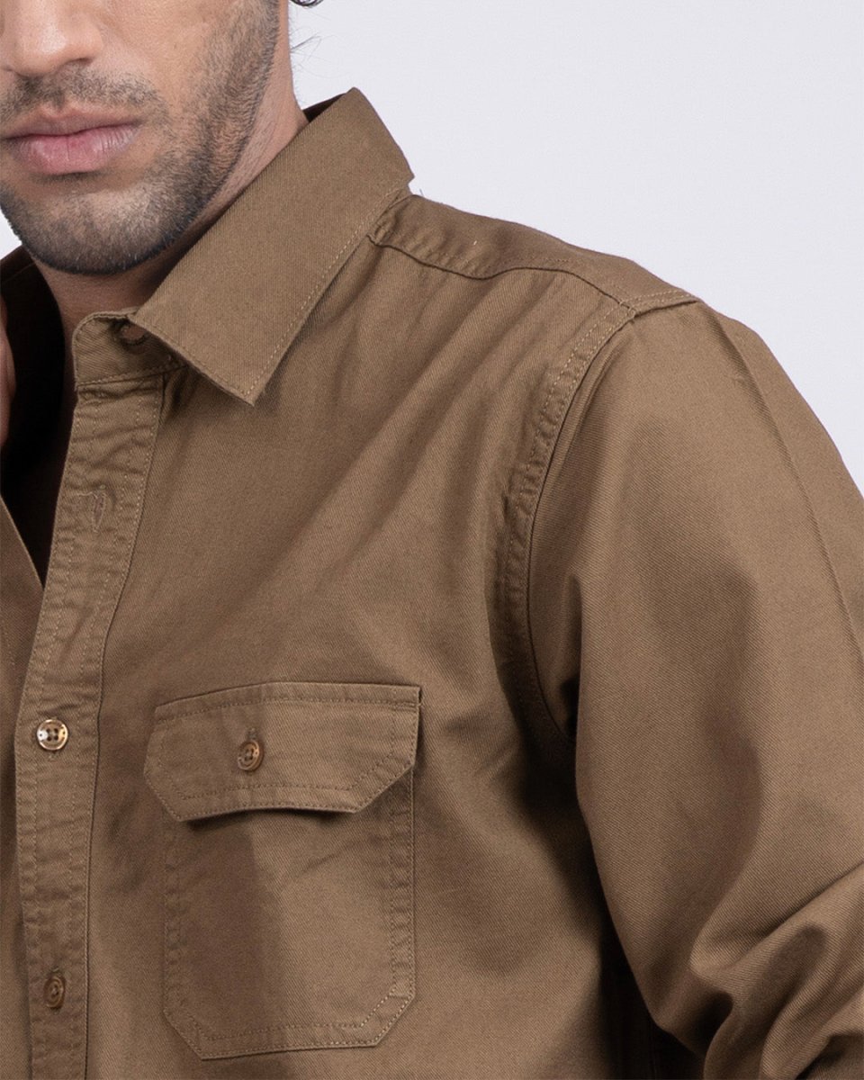 TAILORAEDGE Classic Cotton Cargo Shirt In Khaki
