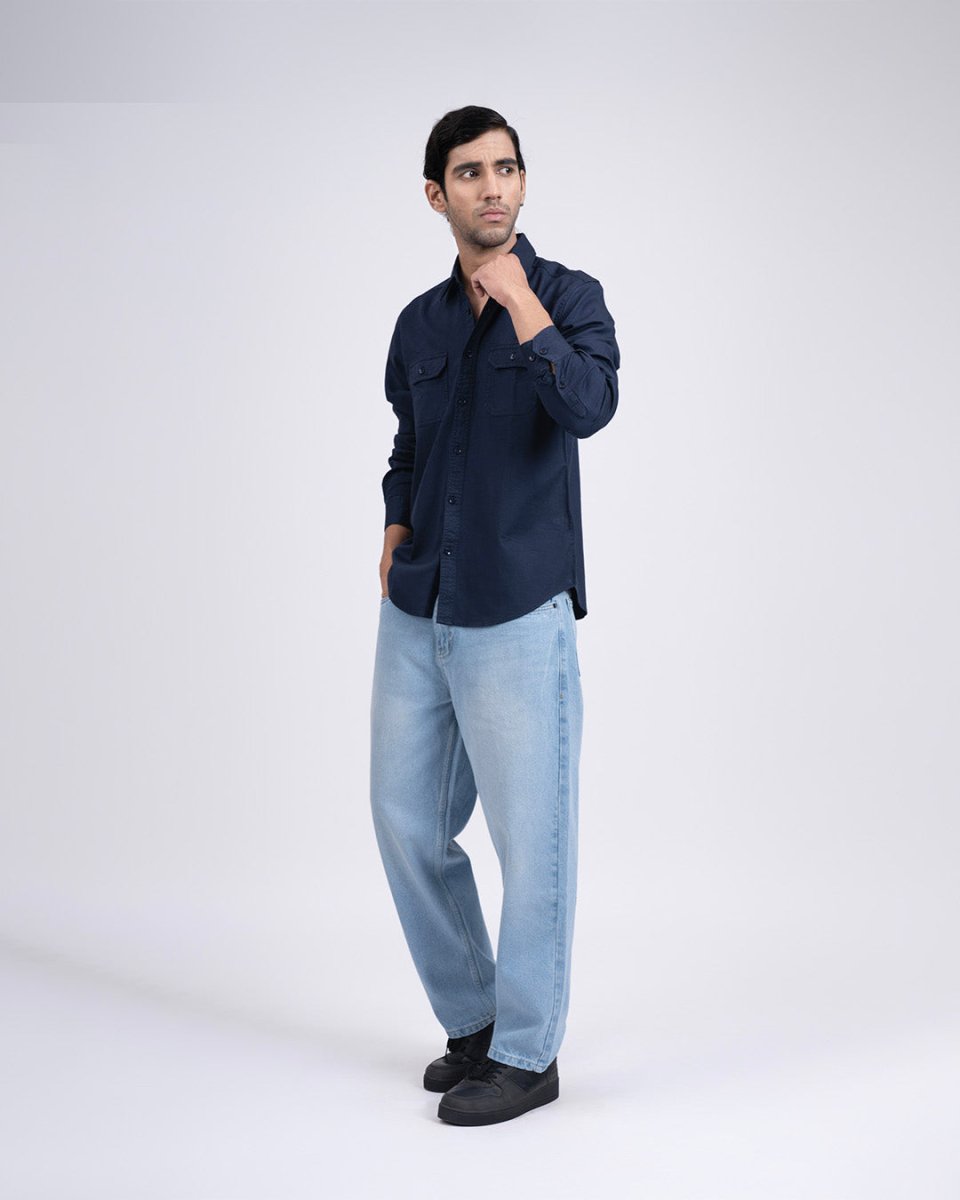 TAILORAEDGE Classic Cotton Cargo Shirt In Navy